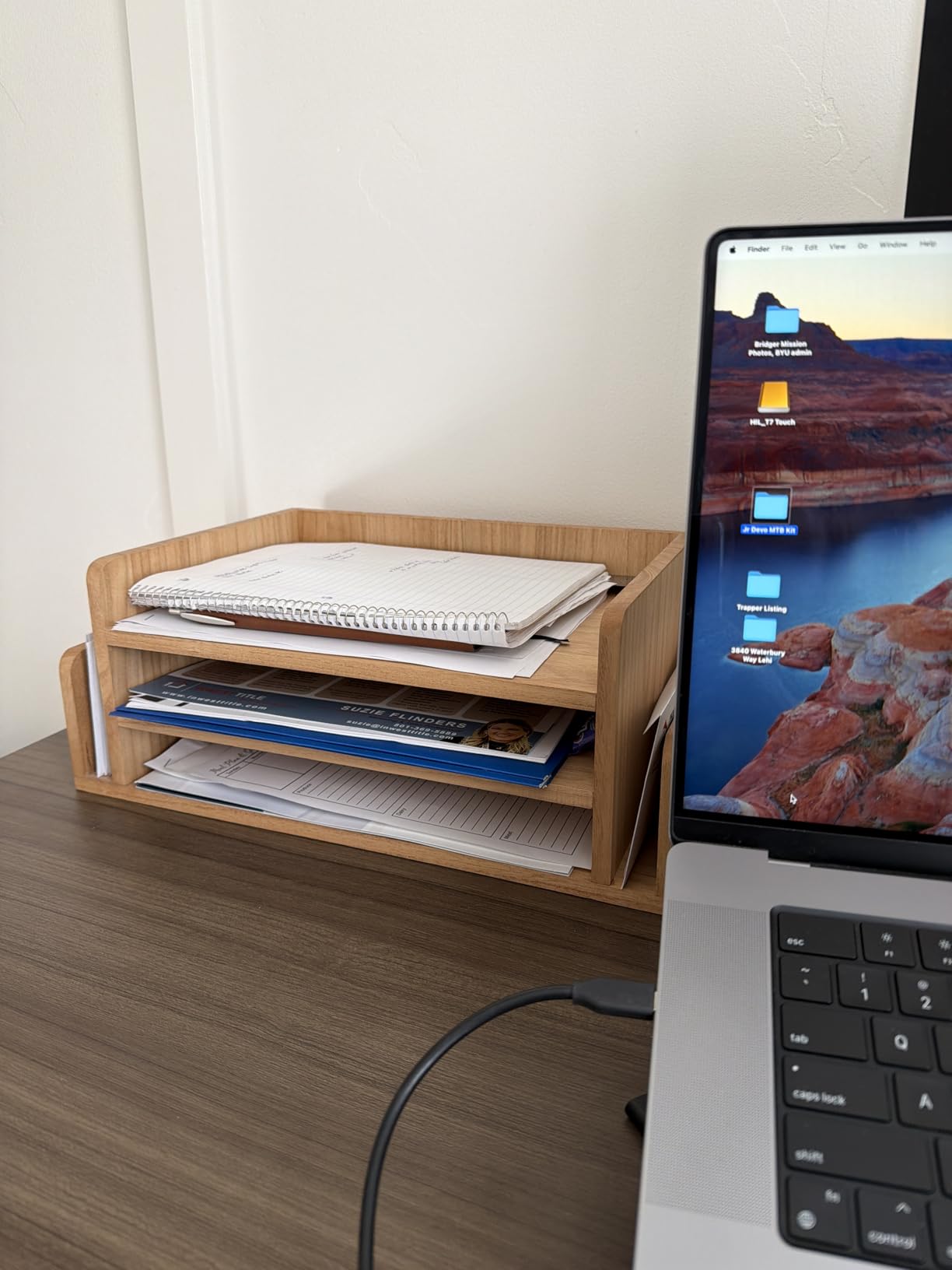 KIRIGEN Wood Desk Organizer 5 Trays, 3-Tier Desktop Document Letter Tray with Side Slots, Fully Assembled Mail Sorter and File Folder Holder for Home Office, Brown customer photo 1