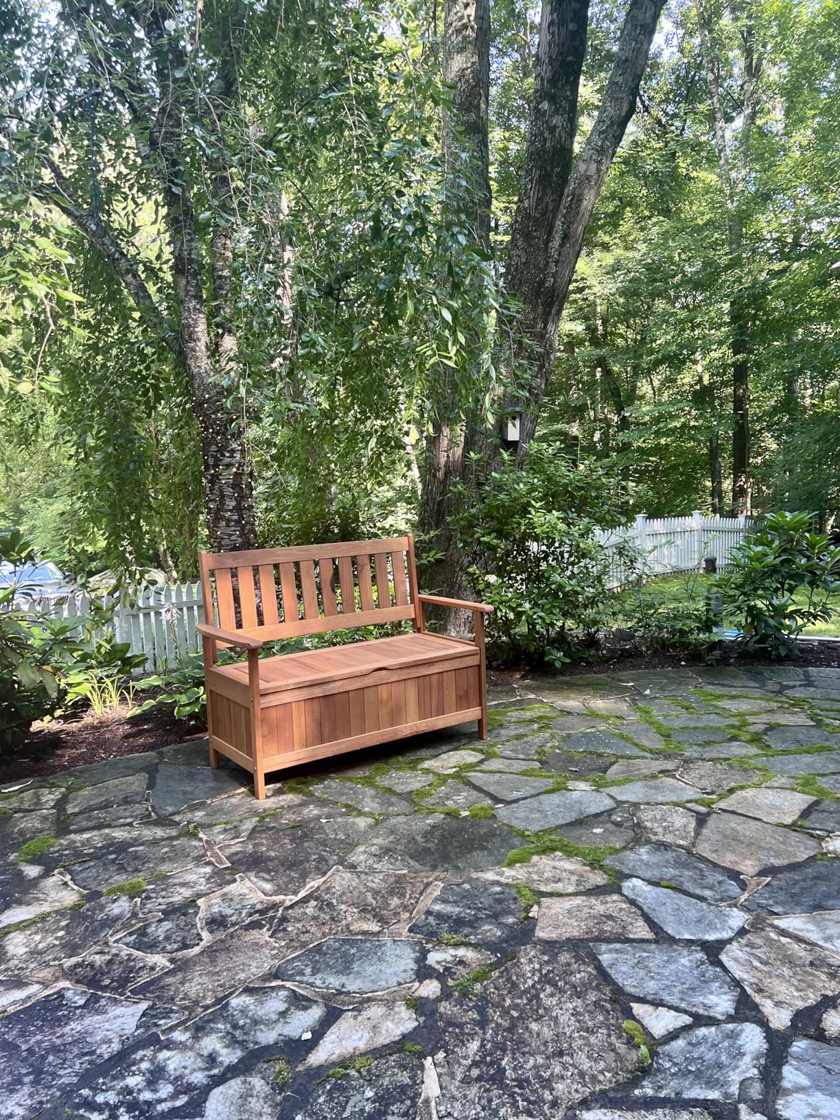 Tangkula Outdoor Wood Storage Bench Deck Box, Entryway Porch Storage Bench with Inner Removable Dust-Proof Lining & Portable Handles, Eucalyptus Wood Loveseat for Garden, Lawn, Balcony & Yard customer photo 2