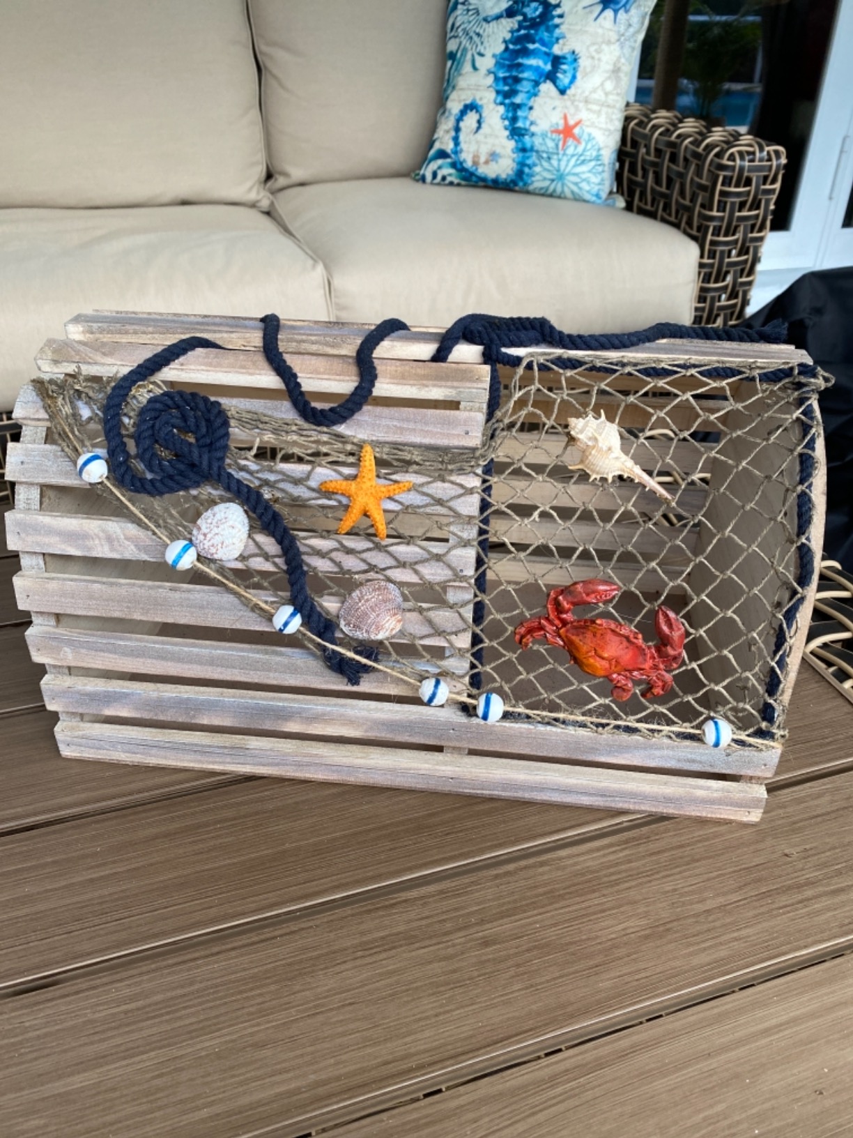 Decorative Lobster Trap Decor - Well Crafted Distressed Wood - Features Fishnet, Seashells Crab Starfish - Nautical Decorations for Home, Boats and Beach House - Decorative Crab Trap Gift Box customer photo 2