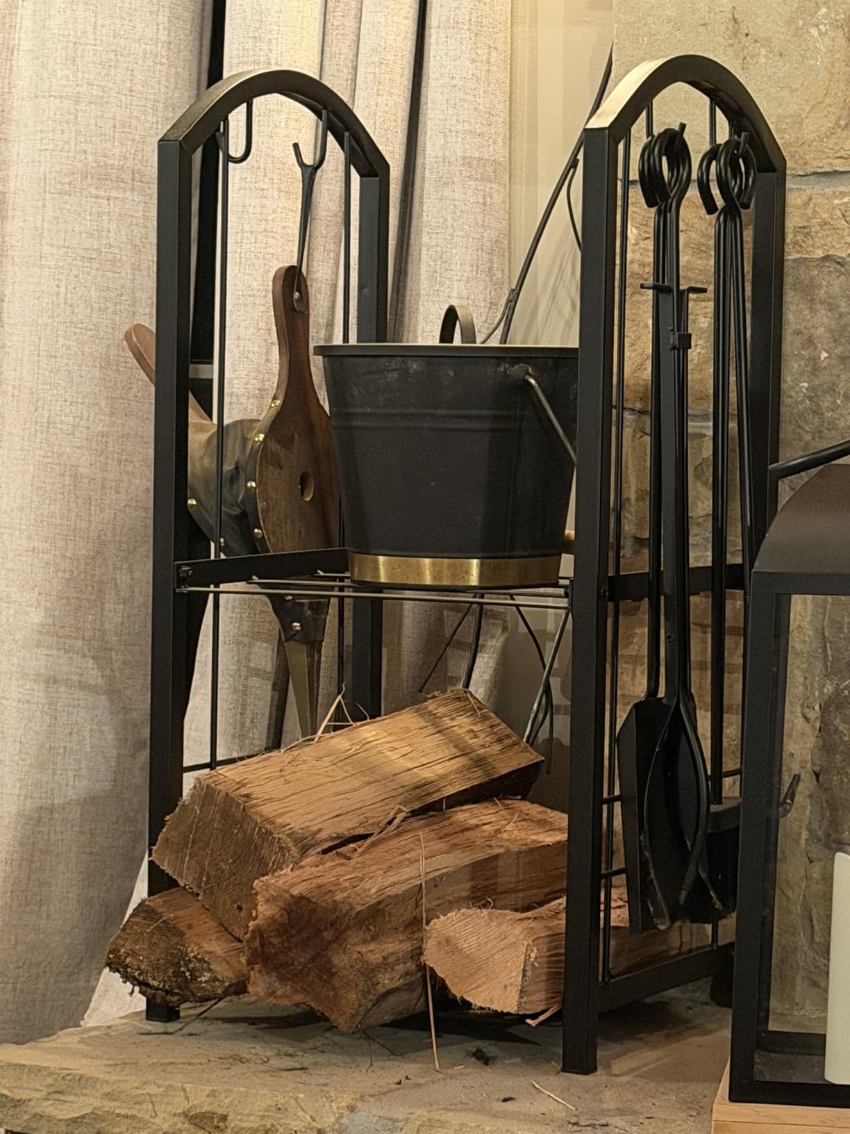 Fire Beauty Fireplace Firewood Log Rack 5-Piece Storage Logs Holder with Tools Set with 4 Tools Set Fireside Holders Wood Lumber Storage Stacking Black customer photo 1