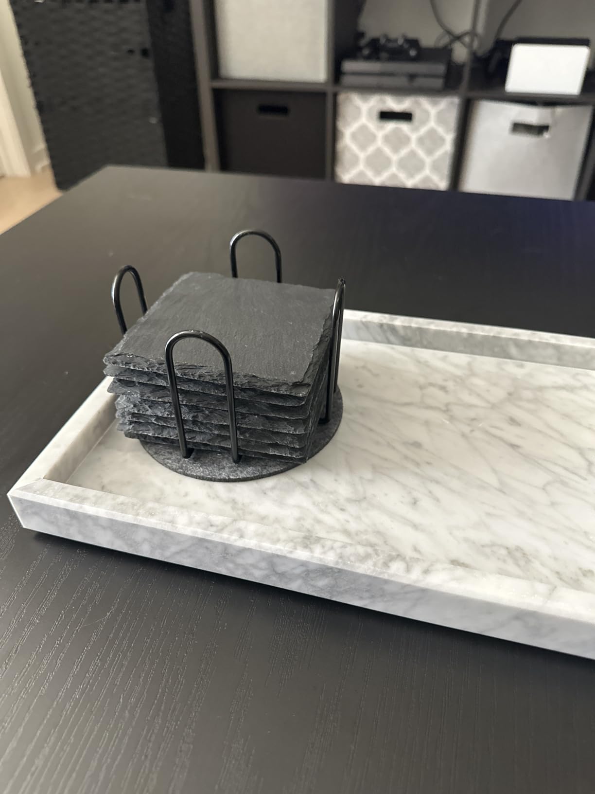 Slate Drink Coasters with Metal Holder, GOH DODD Set of 8 Black Coasters, 4 Inch Stone Coaster Set Tabletop Protection for Home Outdoor Kitchen Apartment Decor Housewarming Gifts Wedding Party, Square customer photo 2