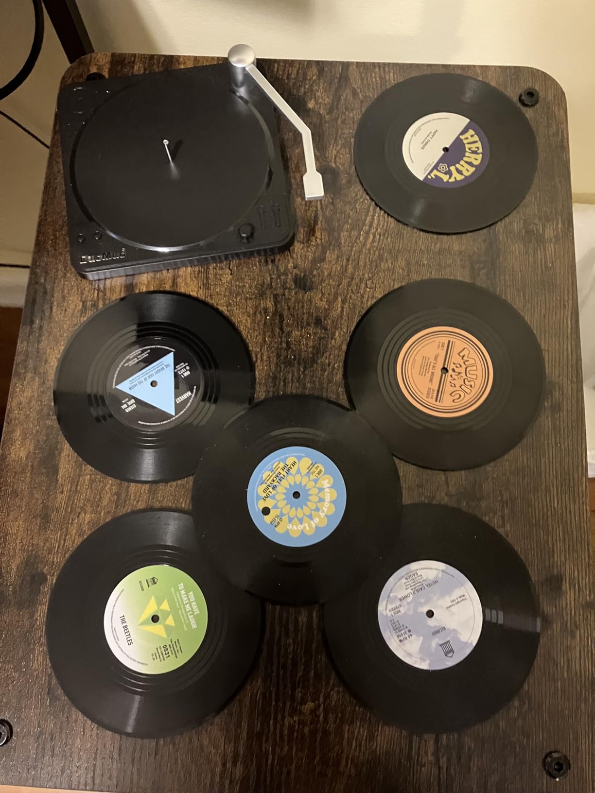 Funny Retro Record Coasters for Drinks with Vinyl Player Holder - Set of 6 Coaster White Elephant Gifts for Music Lovers, Conversation Piece Sayings, Housewarming Hostess Wedding Registry Gift Ideas customer photo 1
