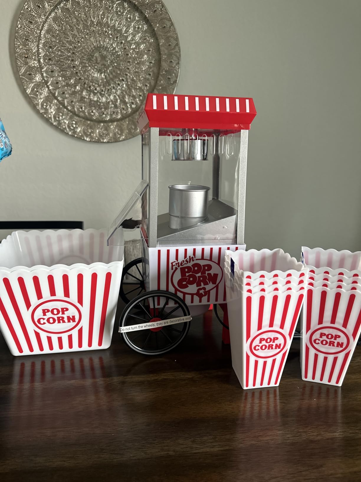 Nostalgia Vintage Hot-Air Popcorn Maker Machine - Makes Up to 12 Cups - Oil-Free - Healthier Popcorn - Classic Stand-Up Cart With Wheels - Includes Kernel Measuring Cup - White & Red customer photo 2