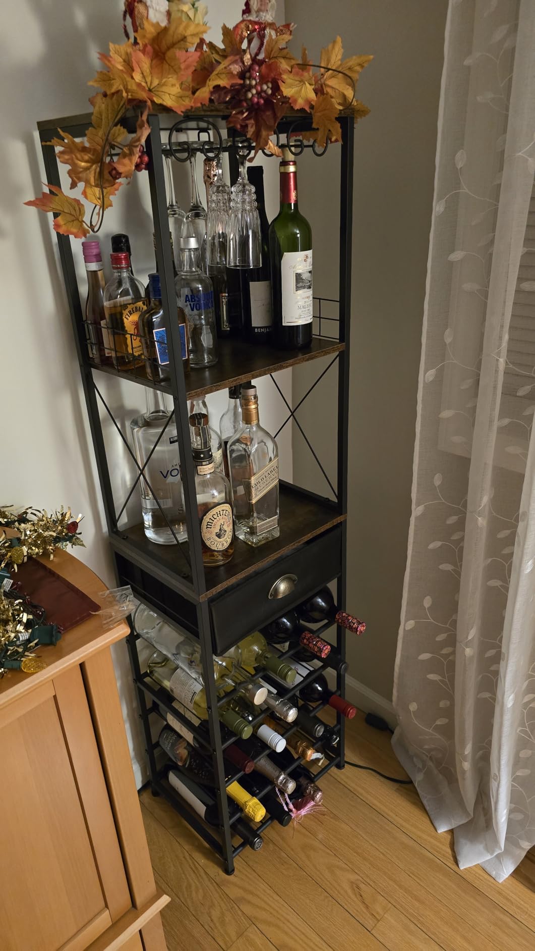 Homeiju Wine Rack Freestanding Floor, Bar Cabinet for Liquor and Glasses, 4-Tier bar Cabinet with Tabletop, Glass Holder, Storage Drawer and Wine Storage for Living Room (Patent No.D29872845) customer photo 1