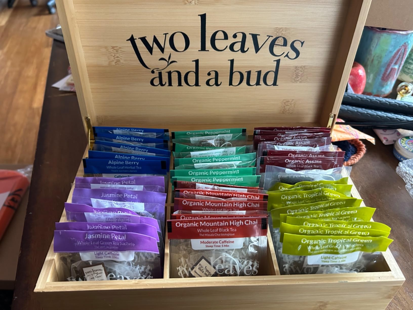 Two Leaves and a Bud Organic Tea Sampler in 6-Slot Bamboo Presentation Box - Filled Gift Box with Tea Assortment of Green, Black, and Herbal Teas customer photo 2