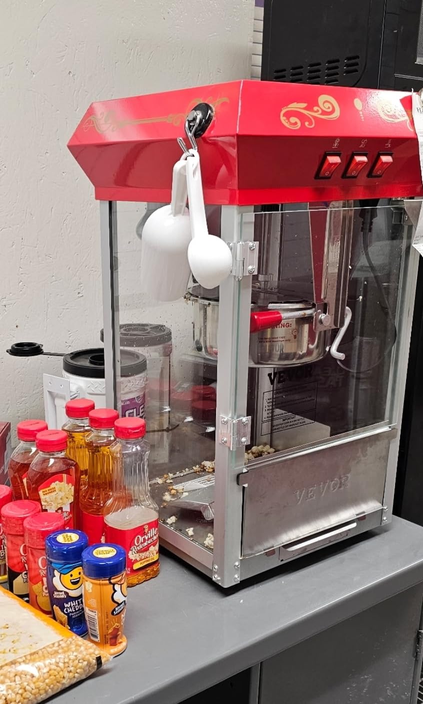 VEVOR Commercial Popcorn Machine, 8 Oz Kettle, 850 W Countertop Popcorn Maker for 48 Cups per Batch, Theater Style Popper with 3-Switch Control Steel Frame Tempered Glass Doors 2 Scoops 2 Spoons, Red customer photo 1