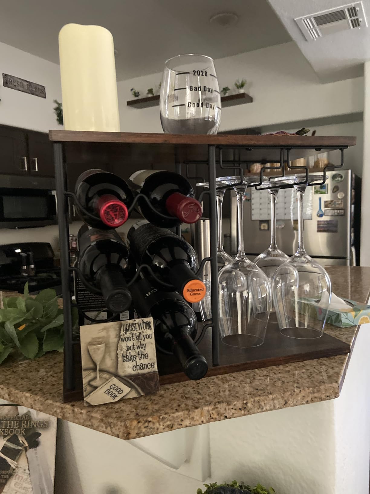 MOOACE Countertop Wine Rack, Freestanding Wine Bottle Rack with Glass Holder, Wooden Wine Holder with Tray for Home Bar Tabletop Kitchen Cabinet, Hold 6 Bottles and 4 Glasses customer photo 1