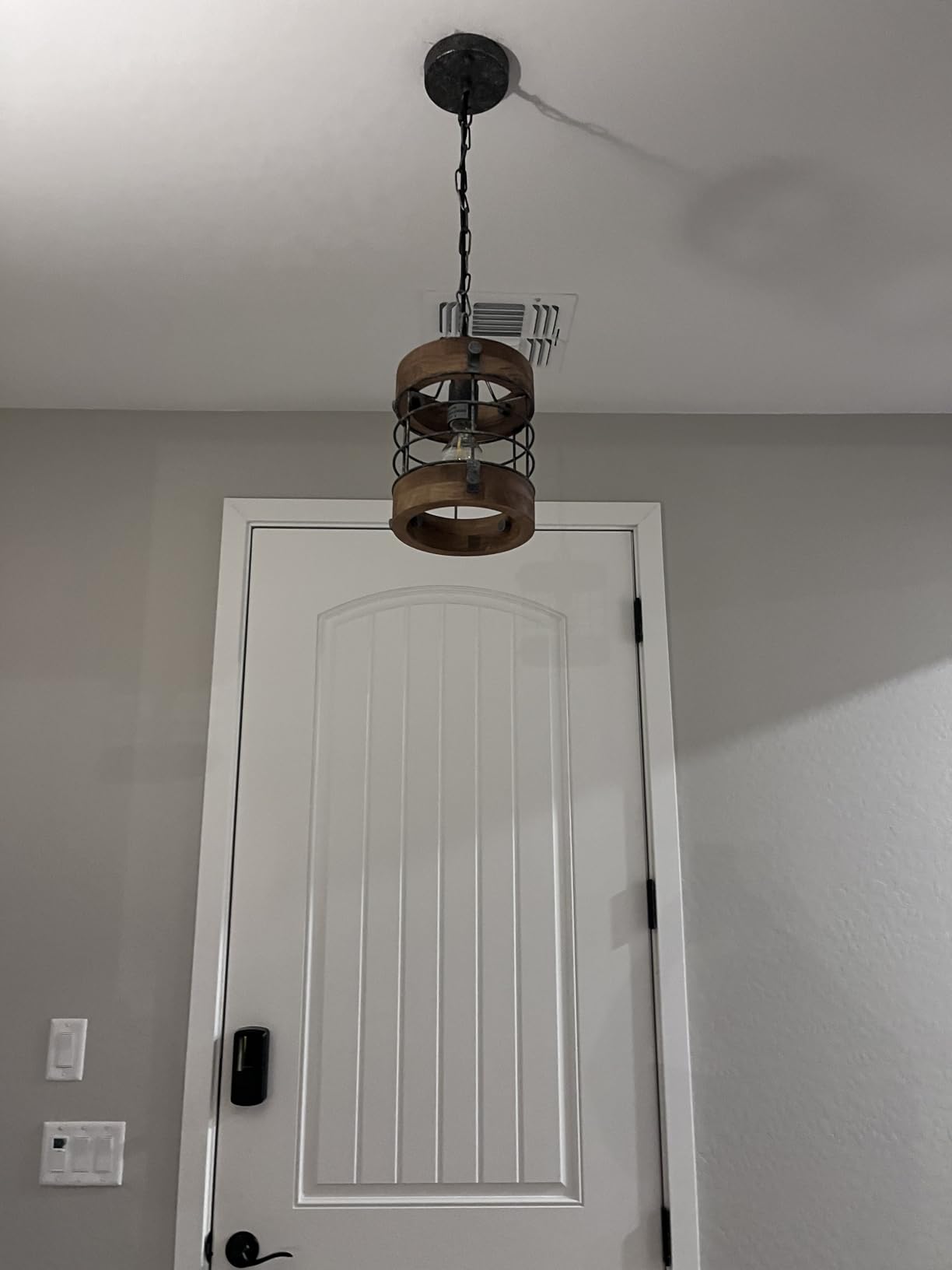 Retro Industrial Metal and Wood Farmhouse Chandeliers, 1-Light Round Cage Pendant Light Fixtures for Farmhouse Kitchen Island Foyer Hallway Bar Dining Room Restaurant, Brown, 2 Pack customer photo 1