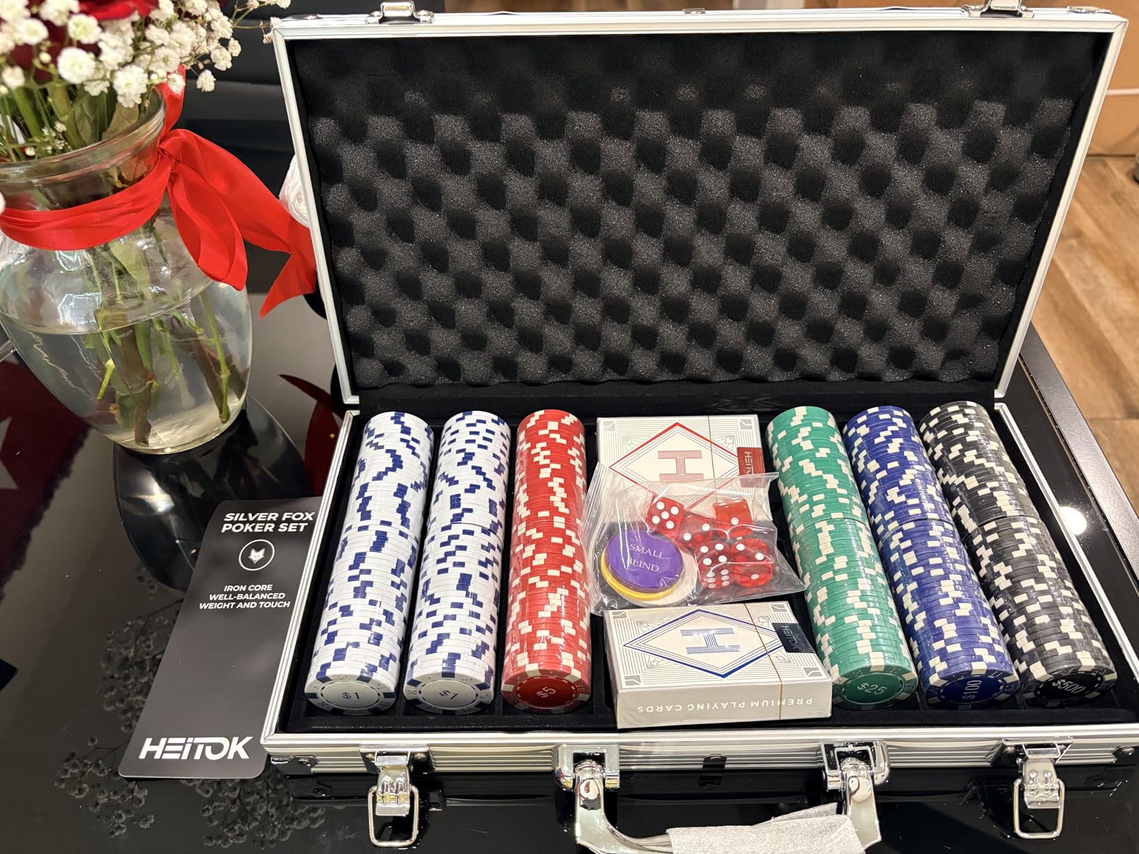 HEITOK 300pc Poker Chip Set 11.5g Iron Core Denominations Texas Holden | 2-8 players, numbered values 1/5/25/100/500, aluminum case, cards, dice, dealer/small/big blind buttons, Blackjack customer photo 1