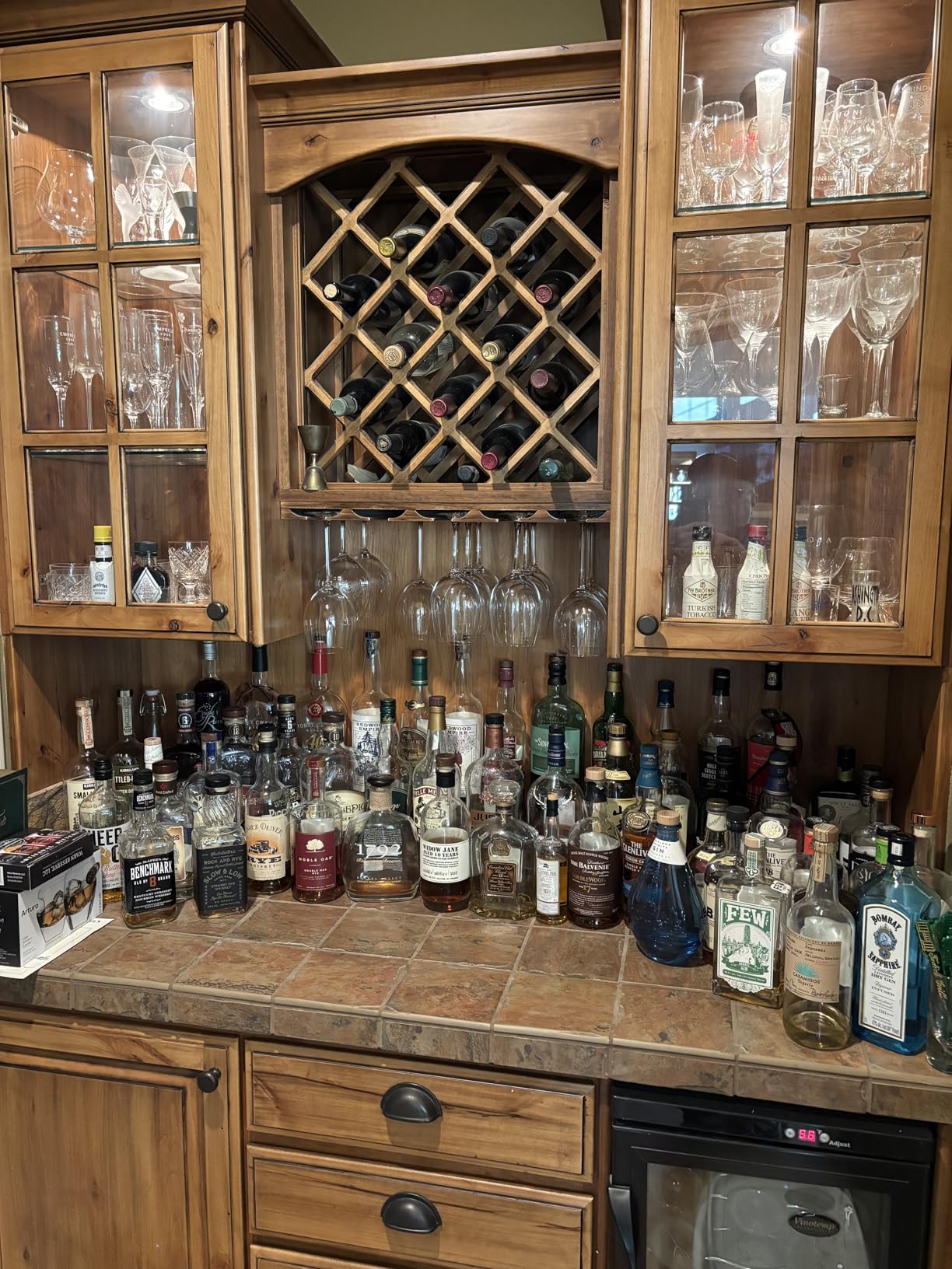 TONGMO 2 Pack Liquor Bottle Stand - 2 Tier Liquor Bar Bottle Display Shelf, Holds 16Bottles, Real Wood, Easy to Clean, No Installation Required - 15.8 Inch Each (Dark Walnut) customer photo 1