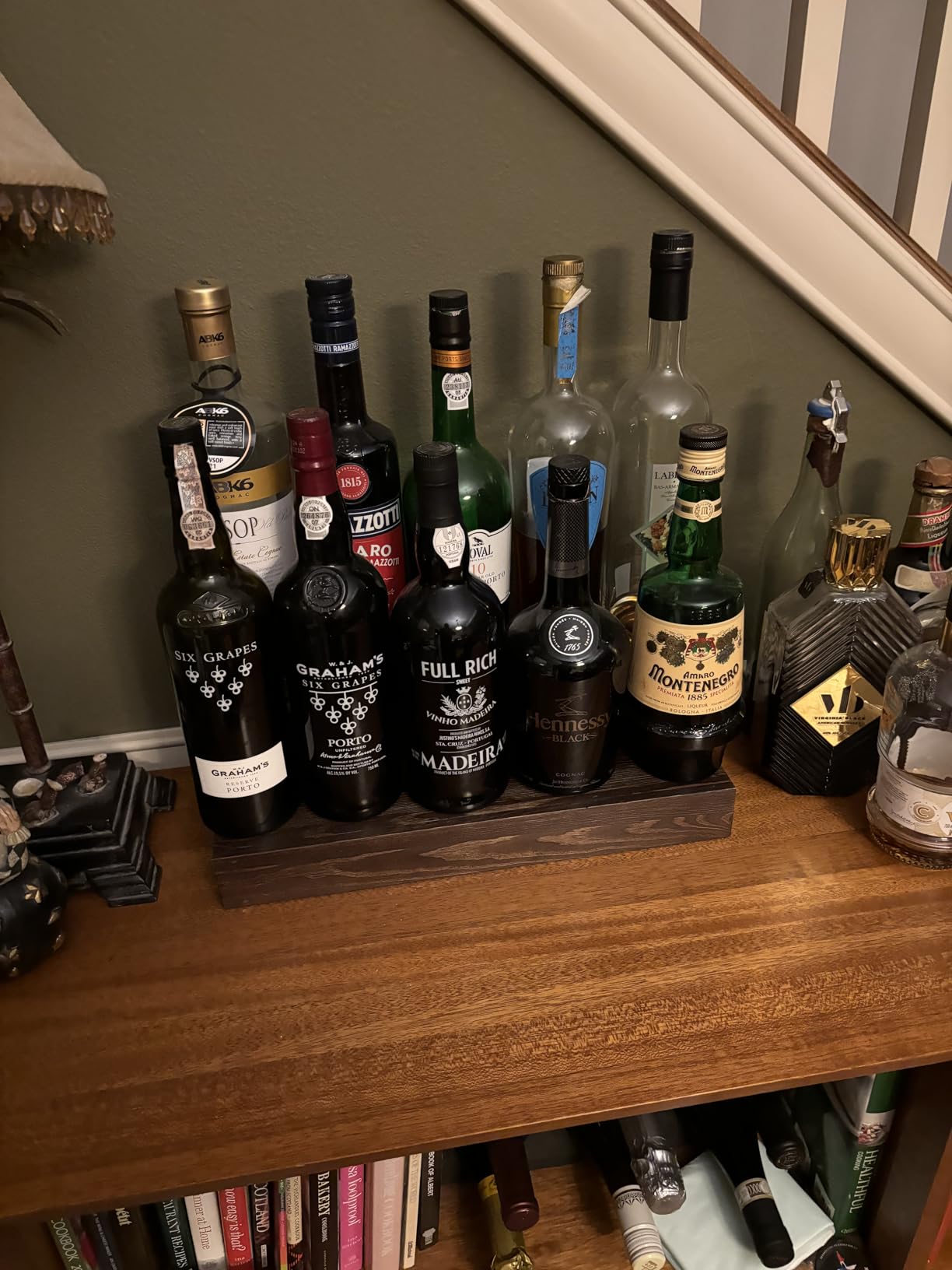 TONGMO 2 Pack Liquor Bottle Stand - 2 Tier Liquor Bar Bottle Display Shelf, Holds 16Bottles, Real Wood, Easy to Clean, No Installation Required - 15.8 Inch Each (Dark Walnut) customer photo 2