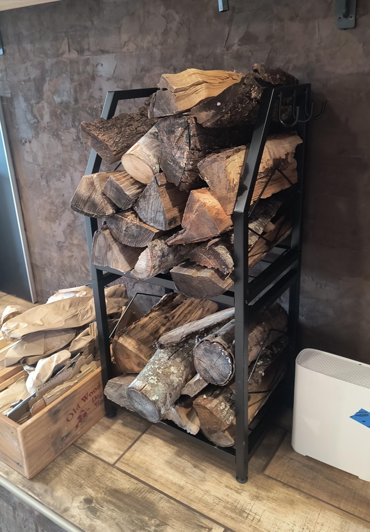 VyGrow Firewood Rack for Indoor, 2-Tier Firewood Holder with 3 Hanging Hooks, Heavy Duty Wood Rack for Outdoor Patio, Black customer photo 1