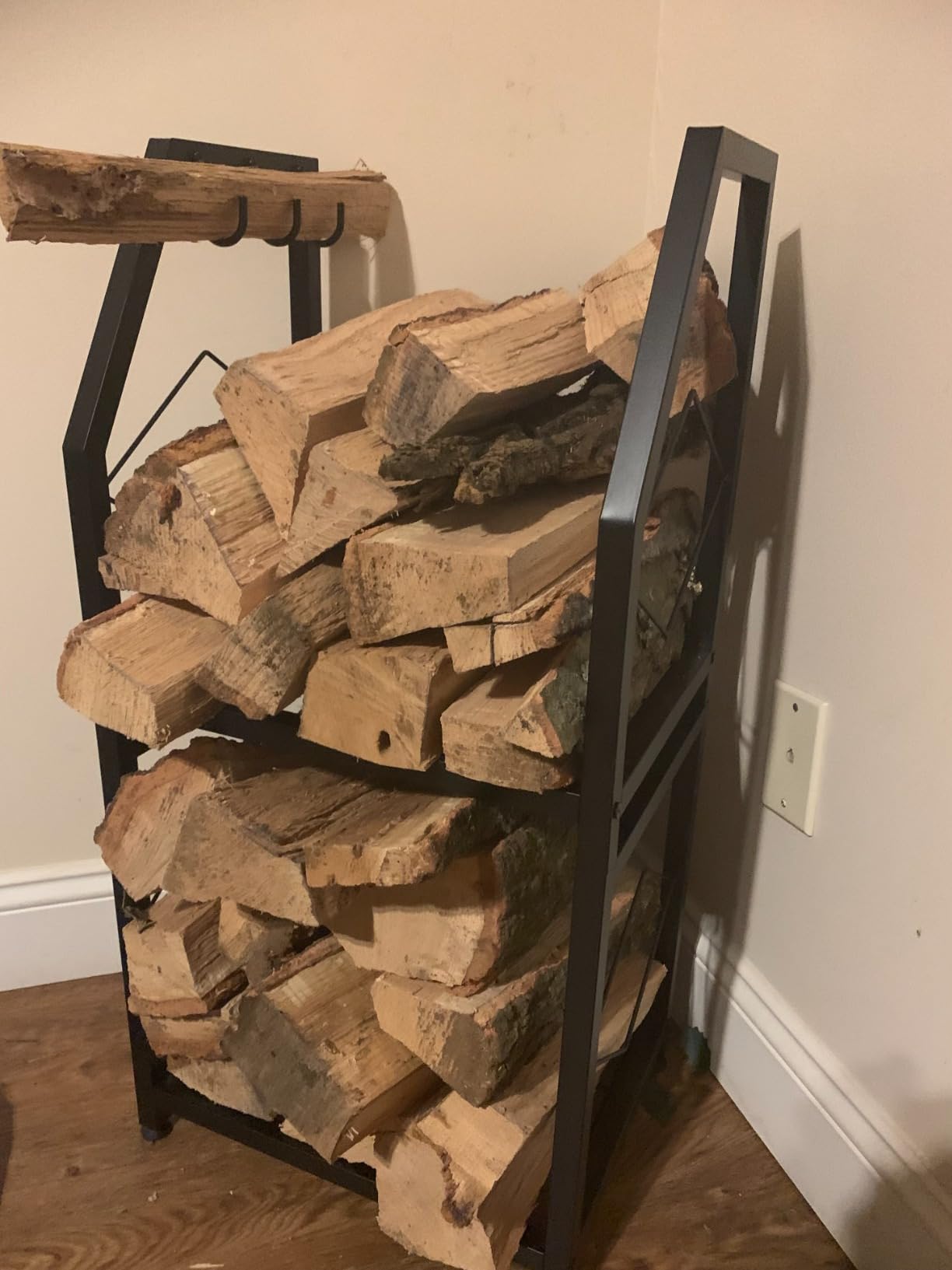 VyGrow Firewood Rack for Indoor, 2-Tier Firewood Holder with 3 Hanging Hooks, Heavy Duty Wood Rack for Outdoor Patio, Black customer photo 2