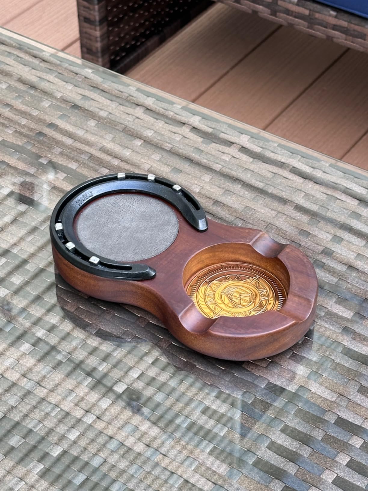Wooden Whiskey Glass & Cigar Ashtray Coaster - Handmade Horseshoe Design Tray for Indoor/Outdoor Use (Brown) customer photo 1