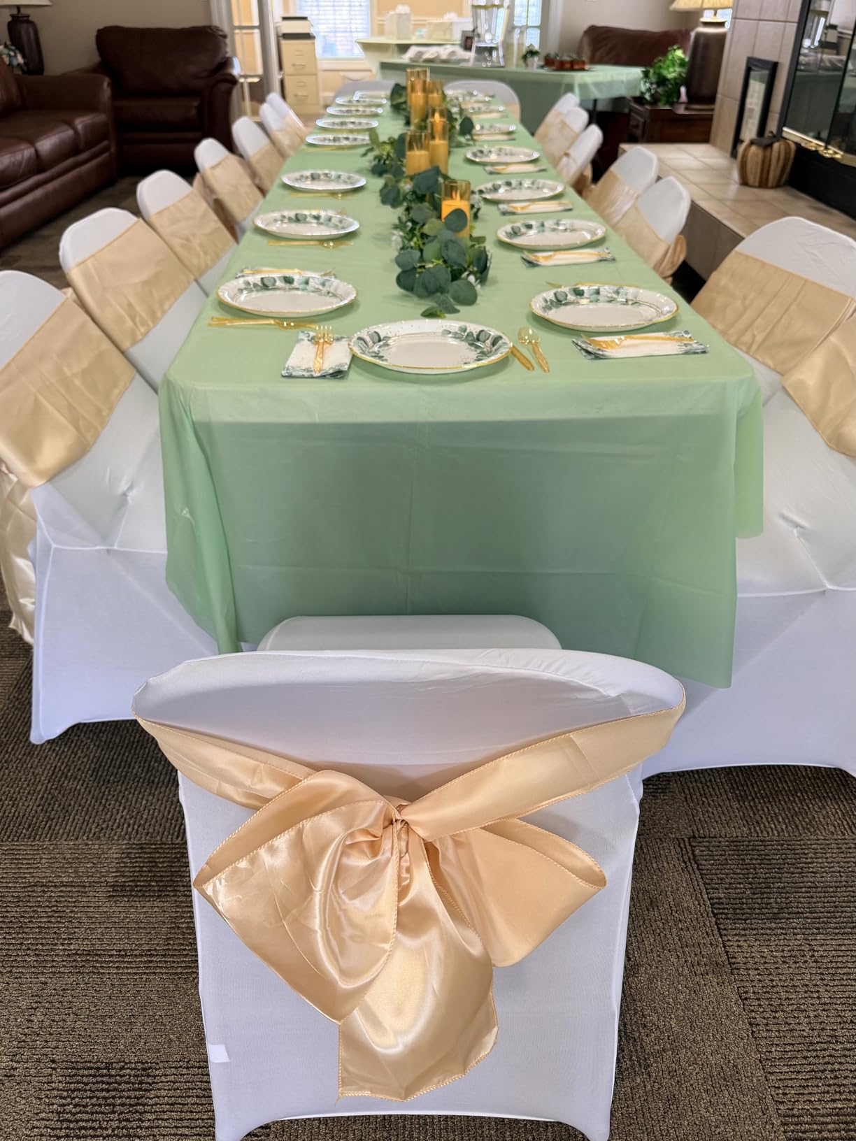 Lounsweer 50 Pcs Folding Chair Cover Set with 25 Stretch Spandex Slipcovers 25 Satin Chair Sashes Bows Ribbon Washable Banquet Protector for Wedding Event Party (White, Light Champagne) customer photo 1