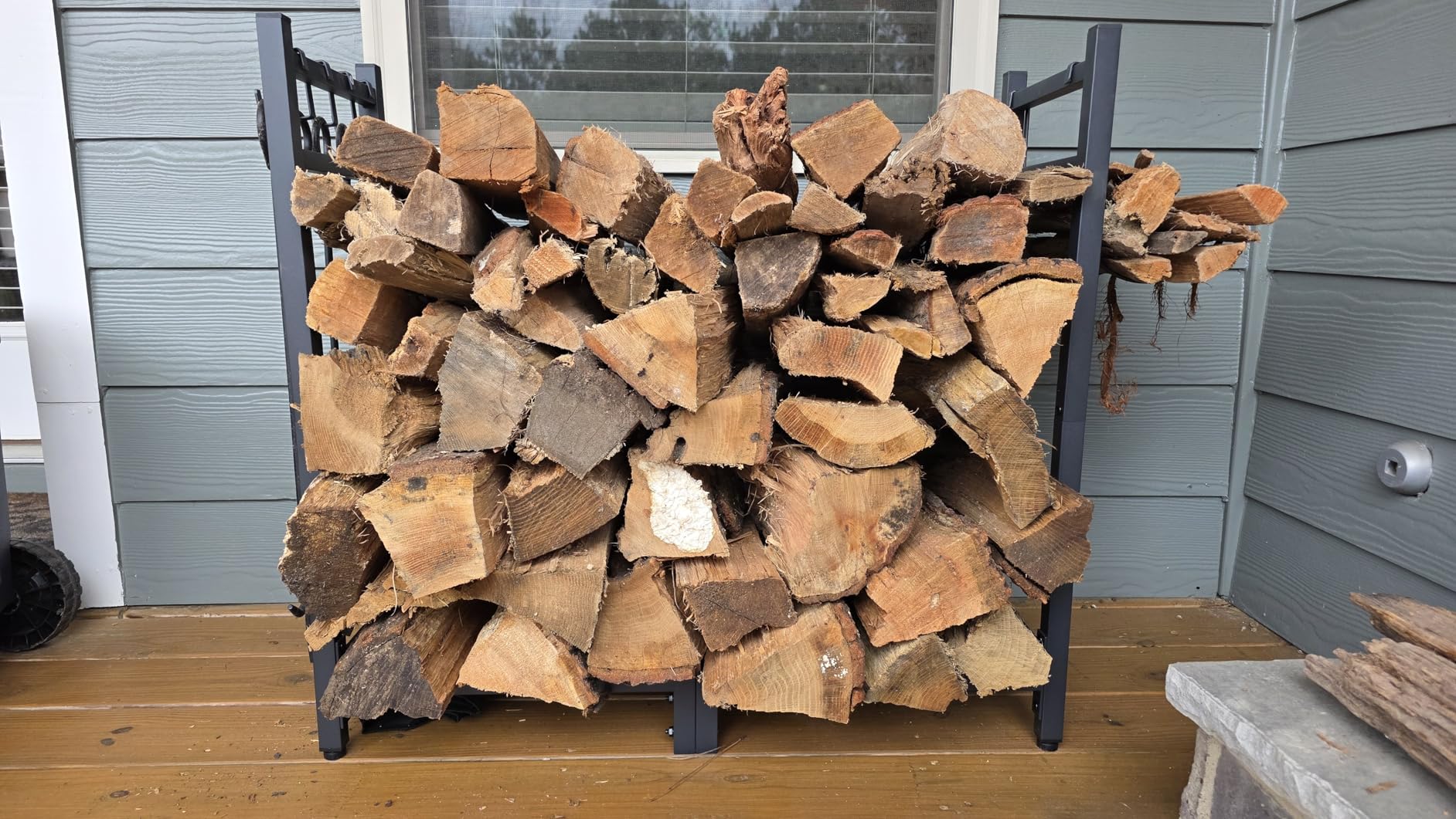 Brightown 34inch Firewood Rack Indoor with Log Carrier, Outdoor Wood Rack for Firewood, Fire Wood Storage with Kindling Hooks, Adjustable Pads, Heavy Duty Logs Holder for Fireplace Deck Outdoor, Black customer photo 1