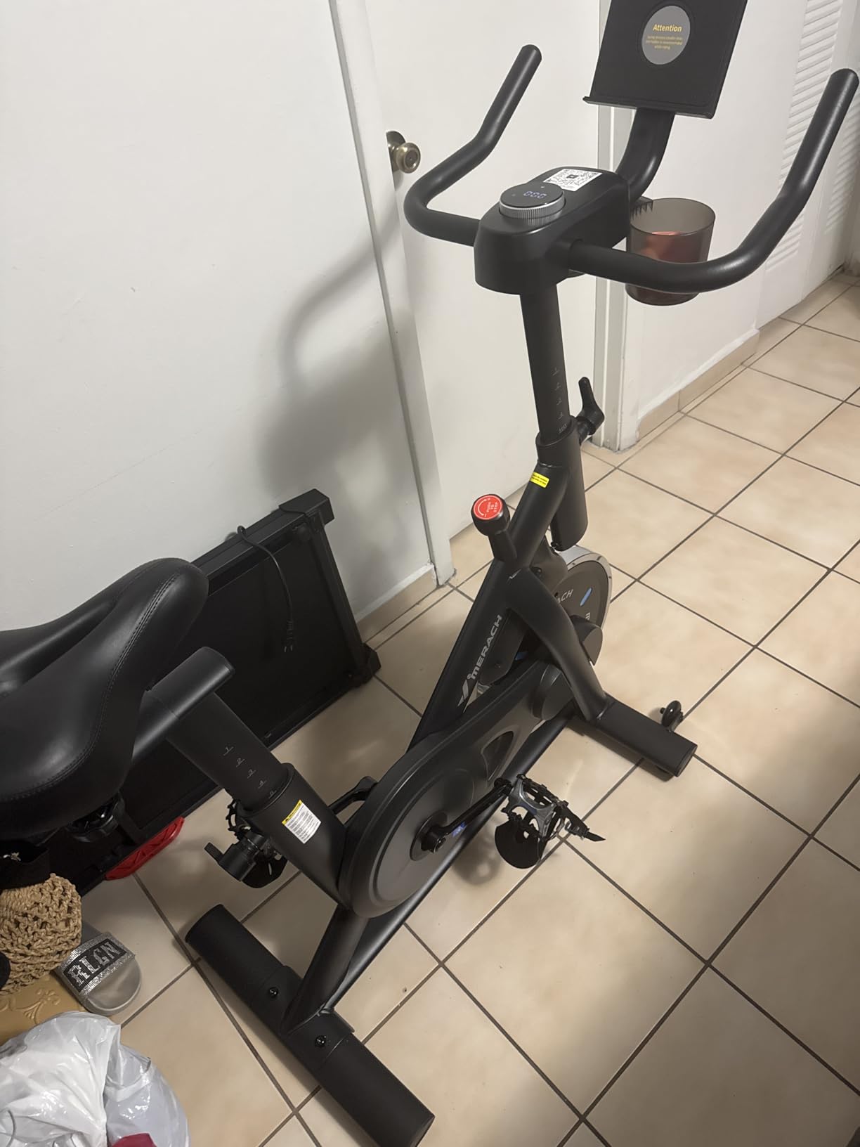 Merach Exercise Bike, Magnetic Friction Stationary Bike with Brake Pad and Exclusive App, Low Noise Indoor Cycling Bike with 300lbs Weight Capacity customer photo 1