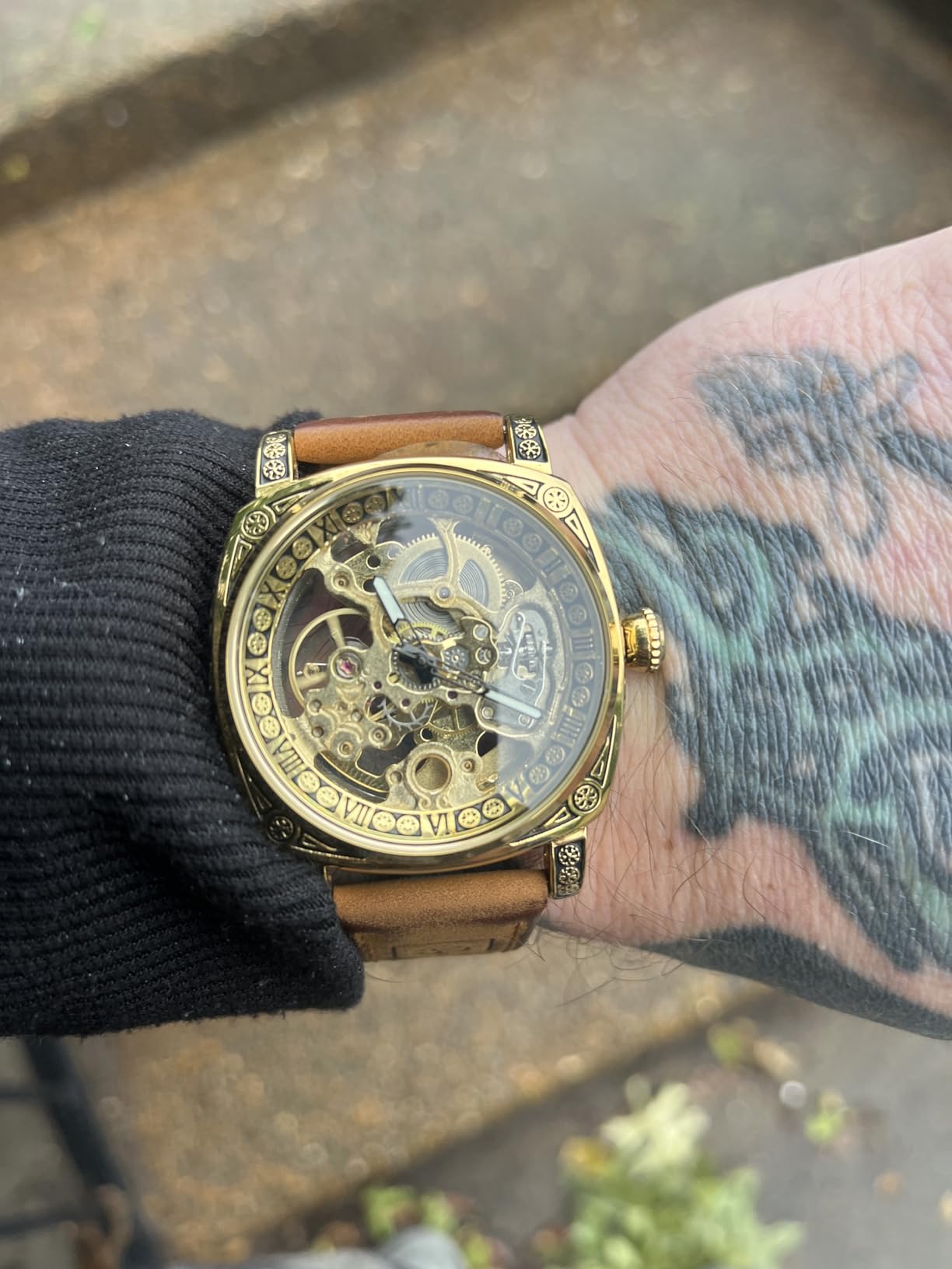 Square Retro Mechanical Watch Self-Wind Carved, Skeleton Automatic Watches Vintage Leather Strap Wristwatch customer photo 1