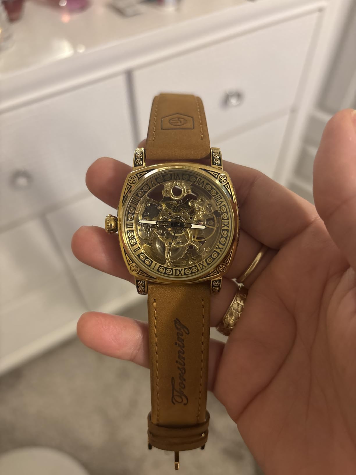 Square Retro Mechanical Watch Self-Wind Carved, Skeleton Automatic Watches Vintage Leather Strap Wristwatch customer photo 2