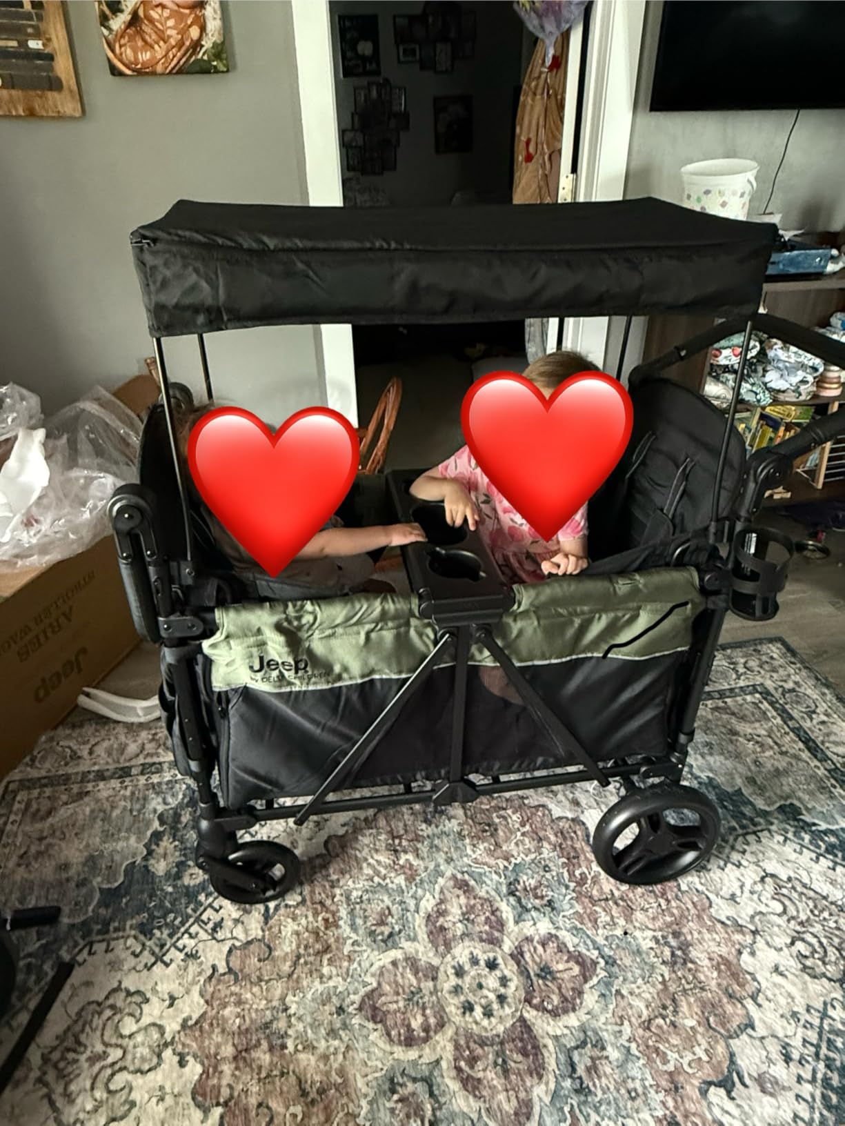 Jeep Aries Stroller Wagon by Delta Children Premium Wagon for 2 Kids with Convertible Seats, Adjustable Push/Pull Handles, Removable Canopy & Flat Fold - Greenguard Gold Certified, Black/Green customer photo 2