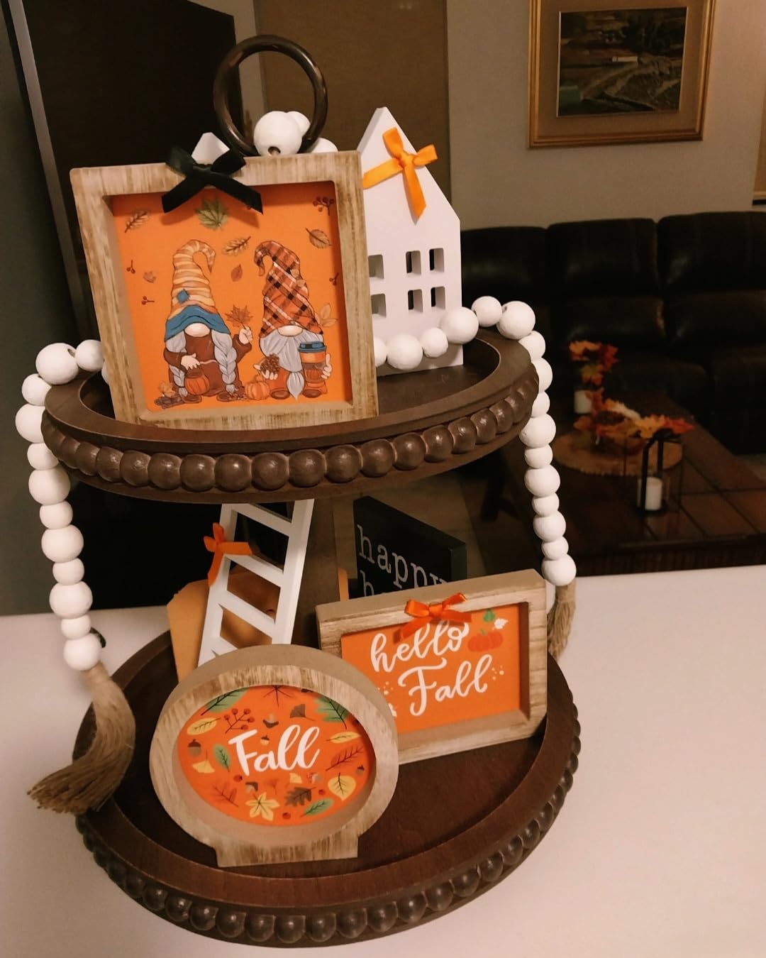 48 Pcs Interchangeable Seasonal Tiered Tray Decor Set Farmhouse Patriotic Summer Tiered Decoration Include Wood Frames with Ladders Card Bow Knot Tray Not Included(Bright Color,Sports) customer photo 1