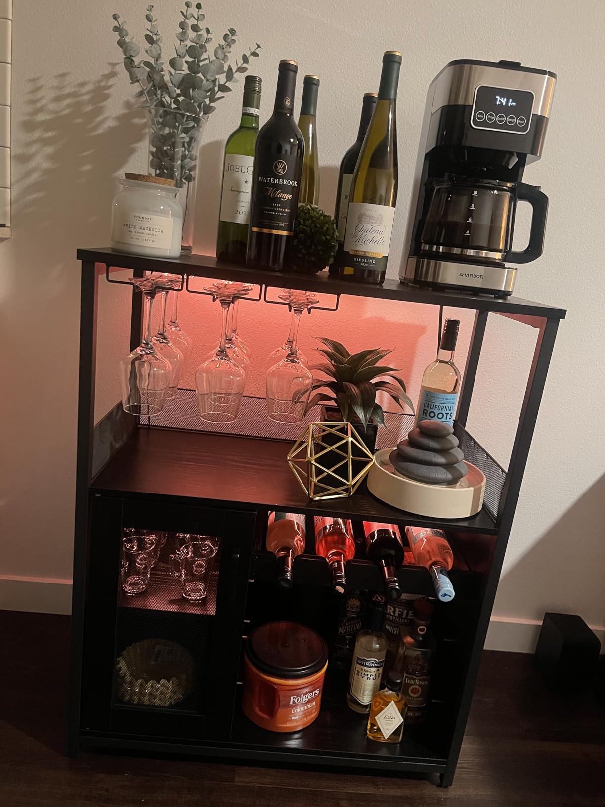 IDEALHOUSE 3-Tier Wine Bar Cabinet with Detachable Wine Rack and Storage Space, Buffet Cabinet with Glass Holder and Mesh Door, for Kitchen, Living Room and Bar (Rustic Brown) customer photo 1