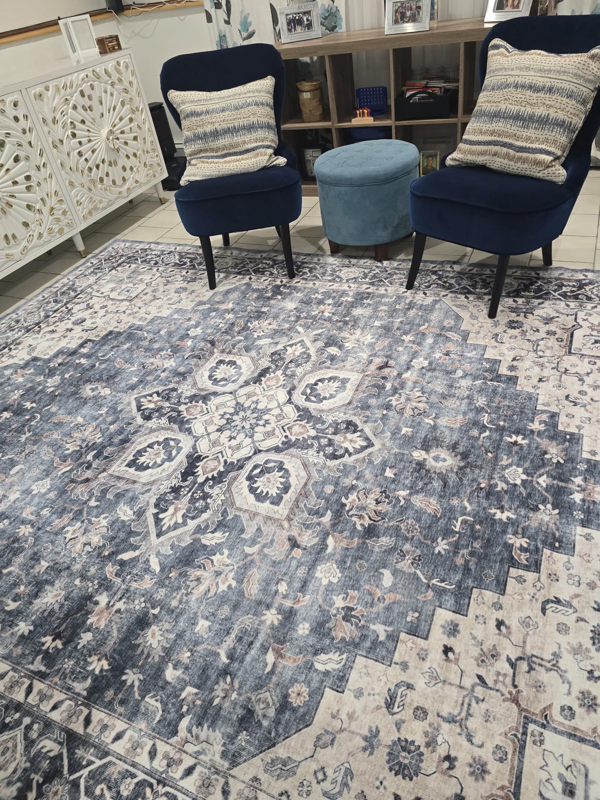 AMADA HOMEFURNISHING 8x10 Washable Area Rug, Low-Profile with Non-Slip Backing & Durable Edge Binding, Vintage Large Rugs for Living Room, Bedroom, Dining Room, Blue customer photo 2