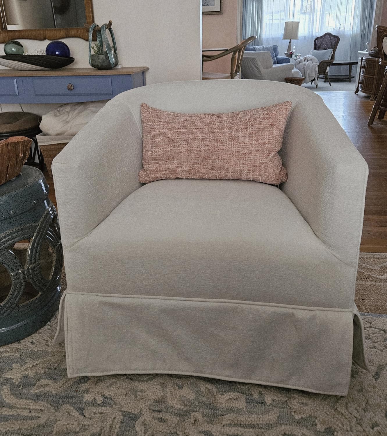 Swivel Accent Chair, Barrel Chair with Skirted Base, White | Linen Upholstery, 360° Swivel, Curved Barrel Design, High-Density Foam Cushion, 350 LBS Weight Capacity customer photo 2