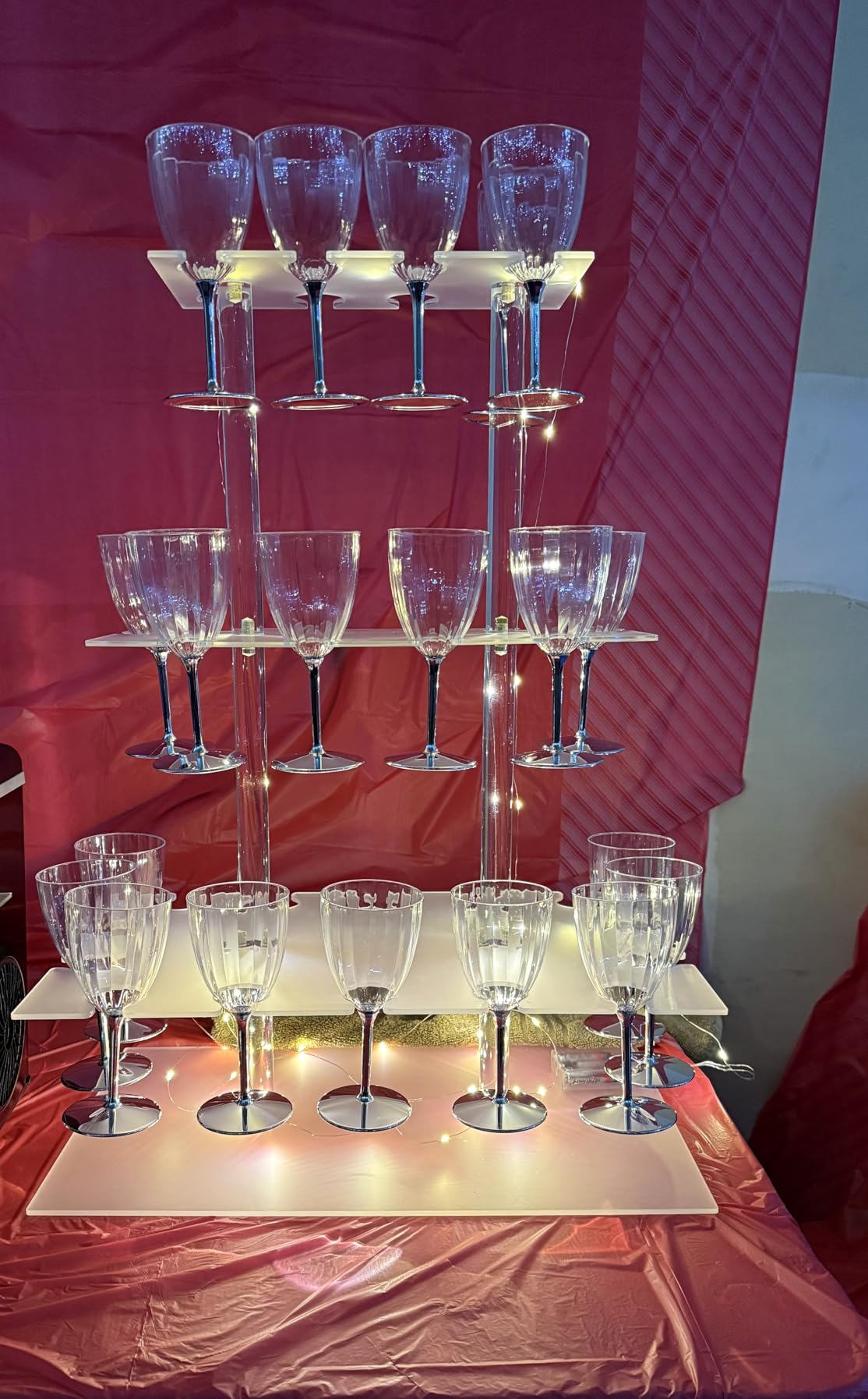 Champagne Tower with Led Light for Party, 3 Tier Clear Champagne Flute Wall Holder with 32 Slots Glasses Display Stand Stemware Rack Acrylic Tree Stand for Wedding Party 25.6
