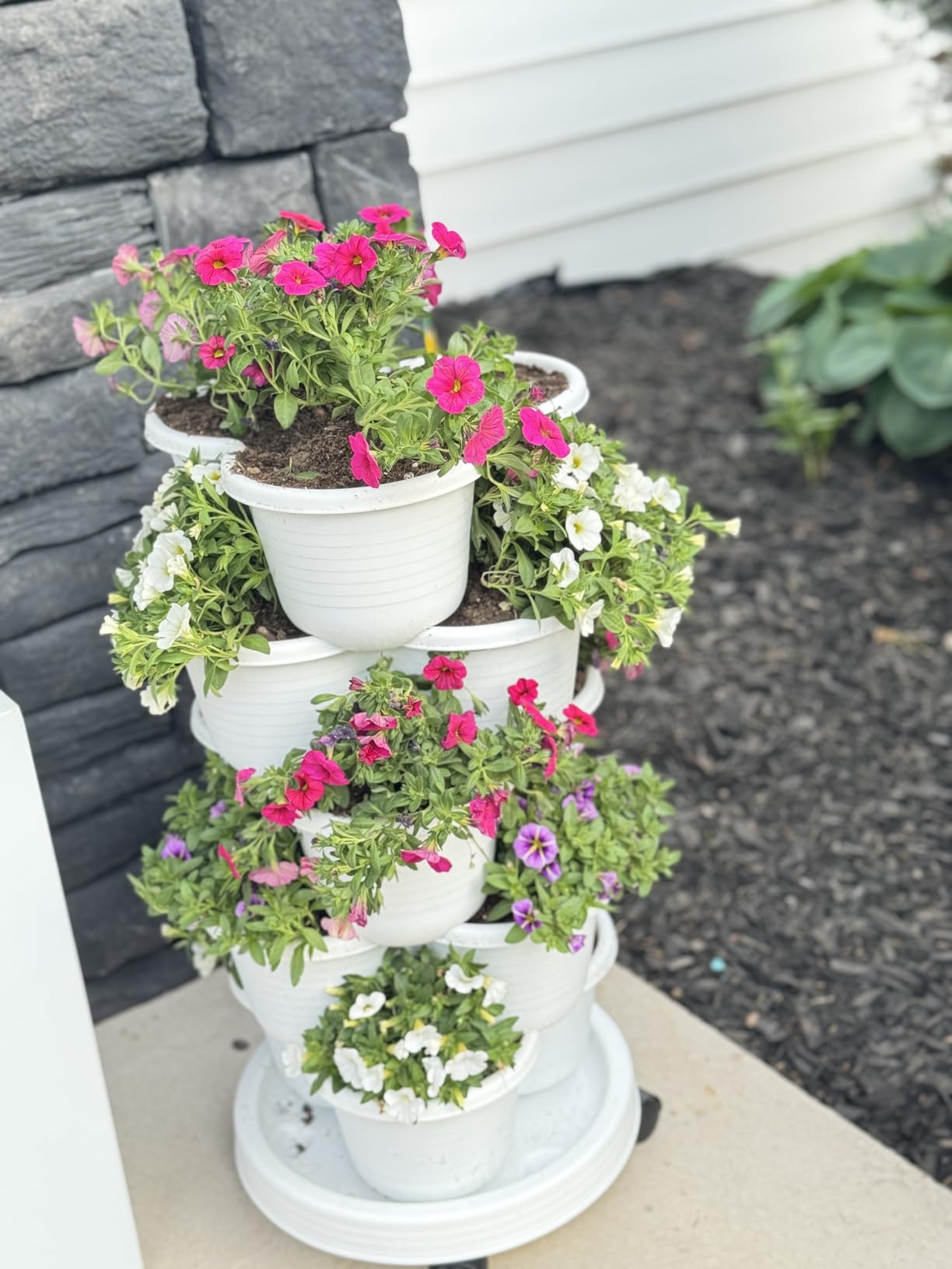 VECELO 5 Tier Vertical Garden Planter, Self Watering Stackable Planters with Wheels for Strawberries, Herbs, Flowers, Vegetables, White customer photo 2