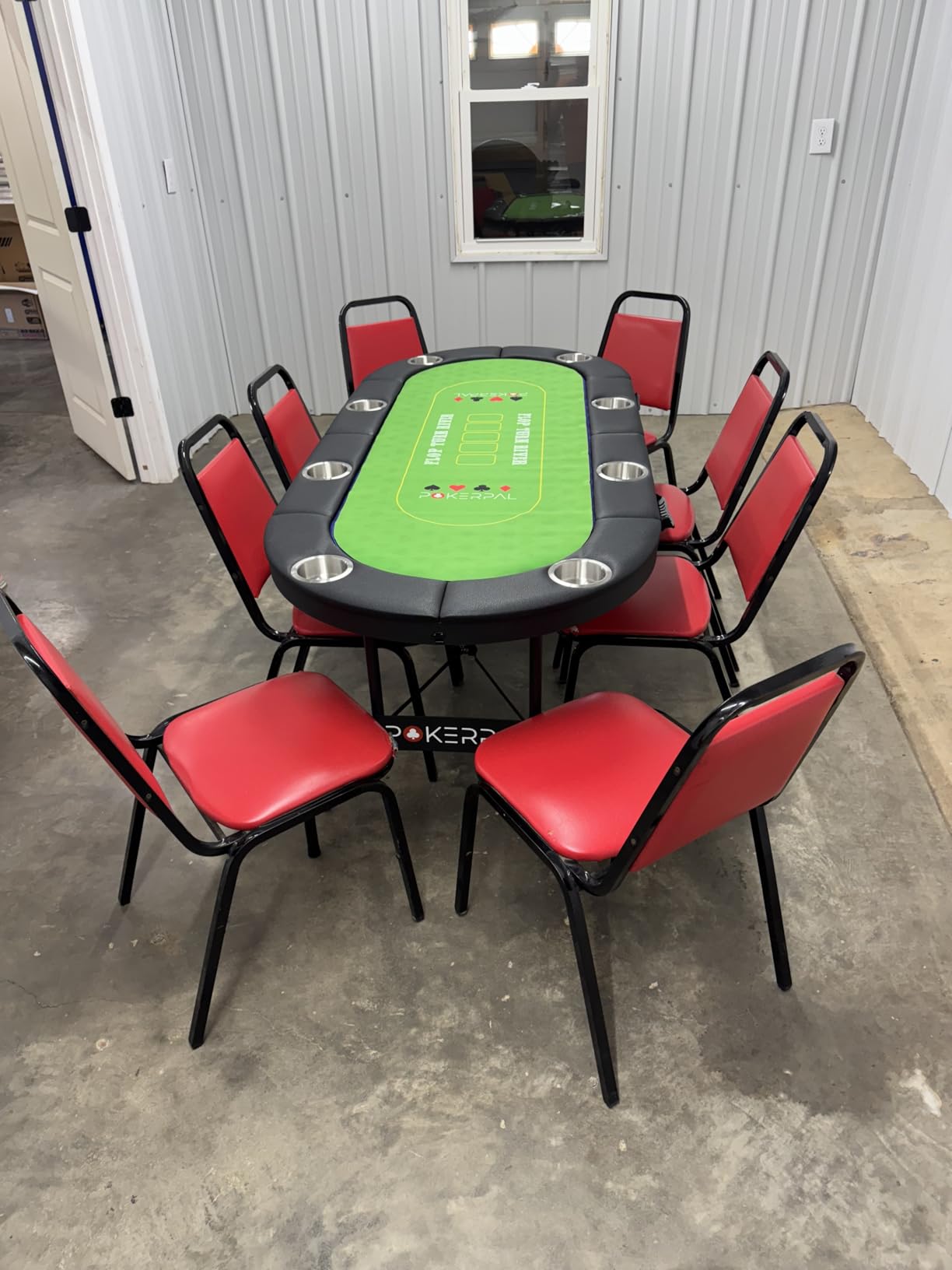 8 Player Poker Table with 2 Interchangeable Game mats, Texas Hold'em Poker and Blackjack, Collapsible Casino Table with Padded Rails and XXL Cup Holders for Wine and Whiskey Glasses, (71 in) - Blue customer photo 2