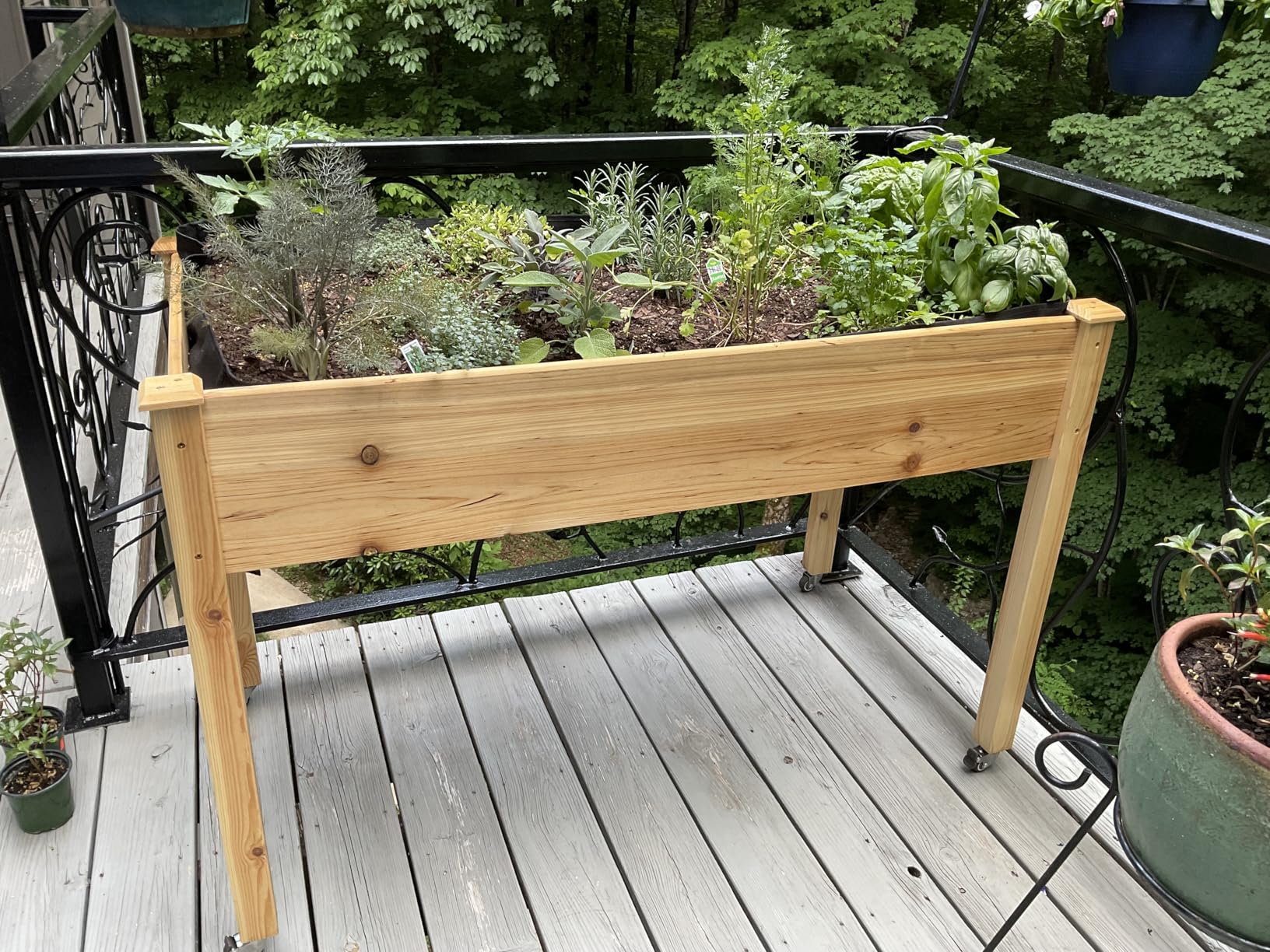 DUMOS Raised Garden Bed with Legs, 48x24x30in Wood Elevated Planter Box w/Bed Liner for Herbs Flowers Vegetables, 300lbs Capacity Outdoor Gardening Planters for Patio Balcony Backyard, Natural Wood customer photo 1