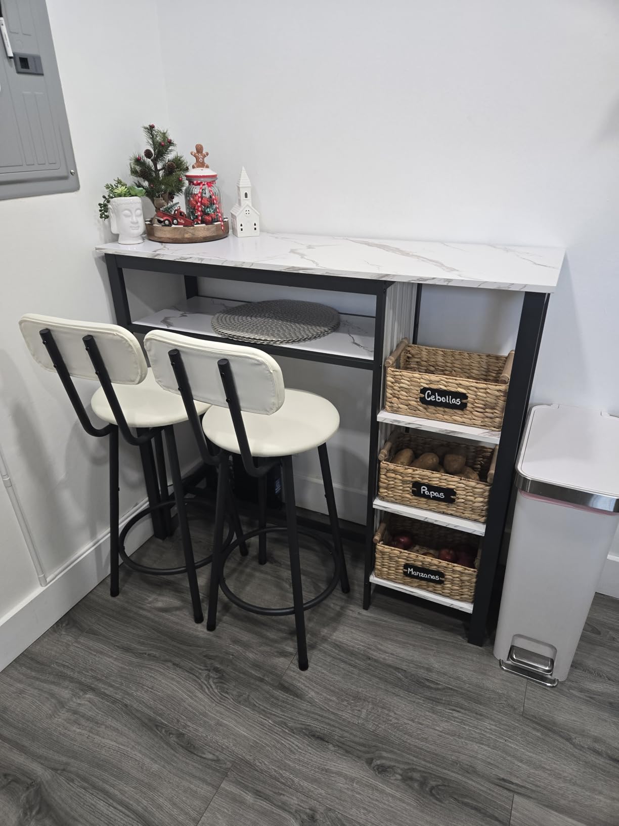 AWQM 3-Piece Bar Table and Chairs Set, Modern Glay Table with 2 PU Cushion Bar Stools, Kitchen Counter with 3 Tier Storage Shelves, Space Saving Table for Home & Kitchen, Black Frame customer photo 2