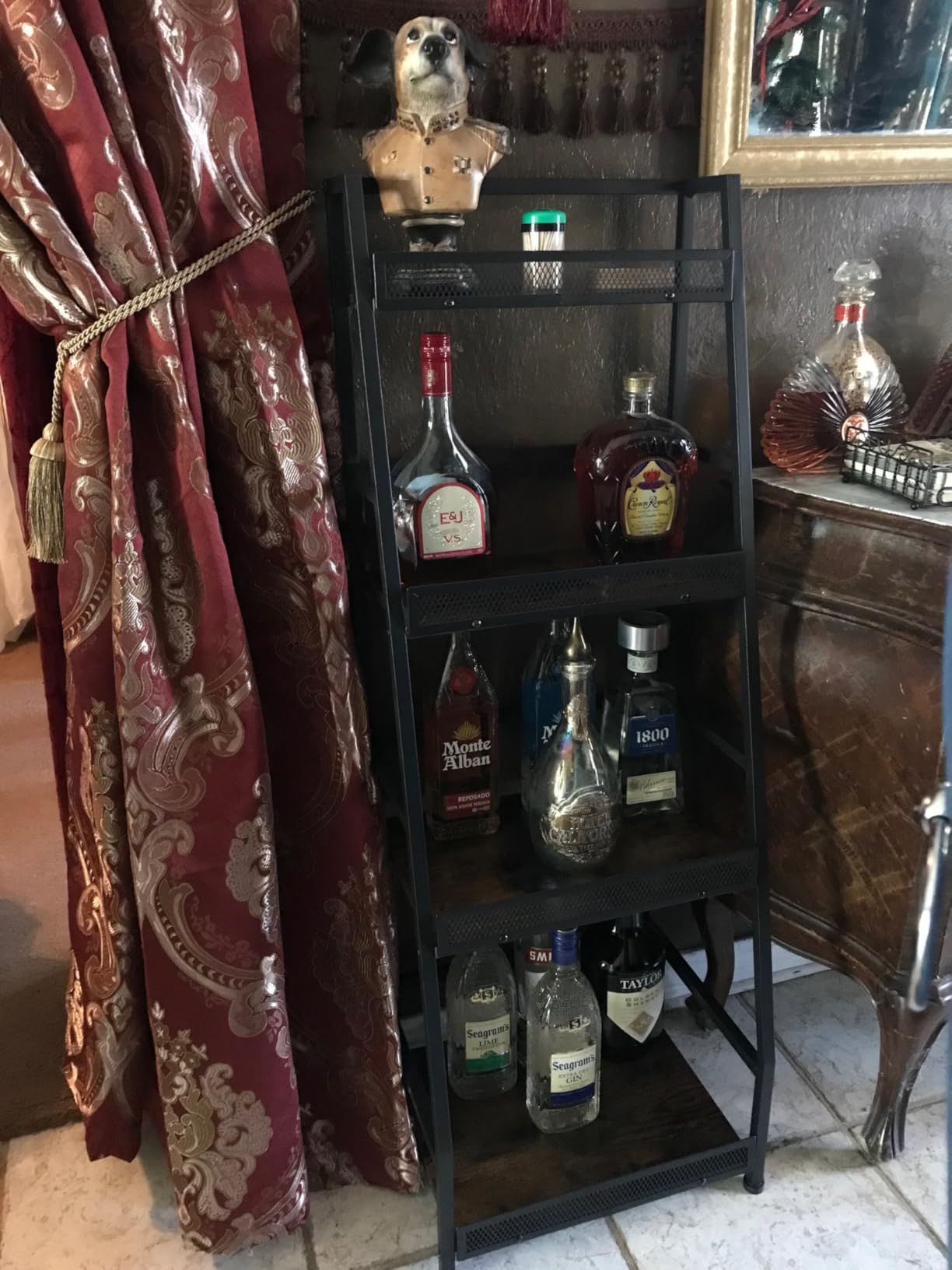 4-Tier Trapezoid Liquor Stand for Home Bar, Stepped Wine Rack Freestanding Floor Liquor Cabinet for Whiskey Wine, Versatile Corner Wine Bottle Display Stand with Fences, Vintage Brown (Patent Pending) customer photo 2