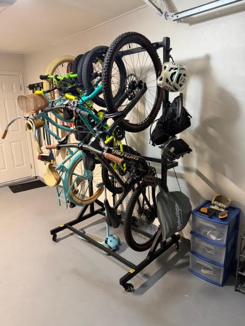 monTEK Freestanding Bike Storage Rack for 5 Bikes, Heavy Duty 350LBS Vertical Bike Stand with 5 Bike Hooks & 6 Helmet Hooks, Indoor and Outdoor Bike Storage Rack with Locking Casters customer photo 1