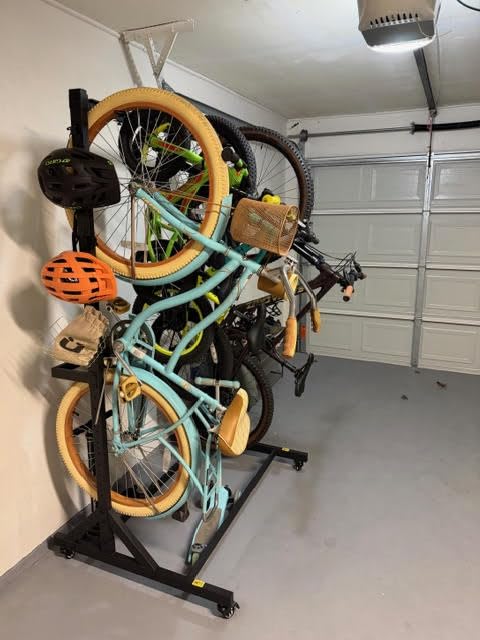 monTEK Freestanding Bike Storage Rack for 5 Bikes, Heavy Duty 350LBS Vertical Bike Stand with 5 Bike Hooks & 6 Helmet Hooks, Indoor and Outdoor Bike Storage Rack with Locking Casters customer photo 2