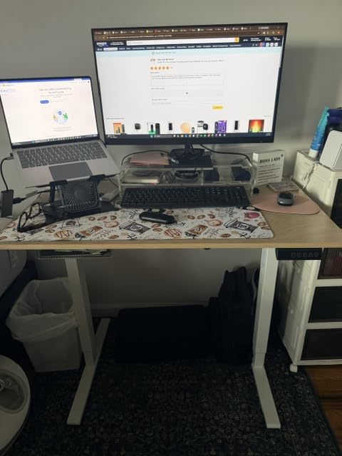 FEZIBO Standing Desk, 48 × 24 Inches Electric Height Adjustable, Sit and Stand Up, Computer Office Desk with Splice Board, White Frame/Maple TOP customer photo 1