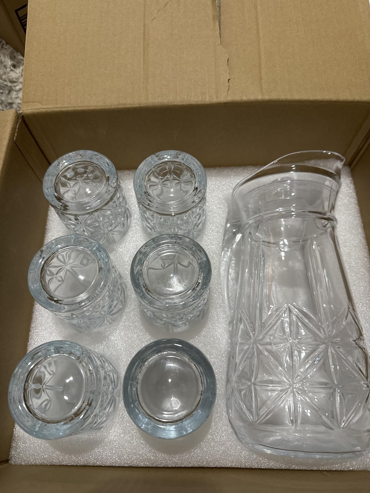 LemonRoad 7 Pcs Glasses Pitcher Drinkware Set 54oz Pitcher Carafe and 6 Tall Drinking Beverage Set, Jug with Lid and Spout for Juice, Iced Tea or Water(Crystle Style) customer photo 2