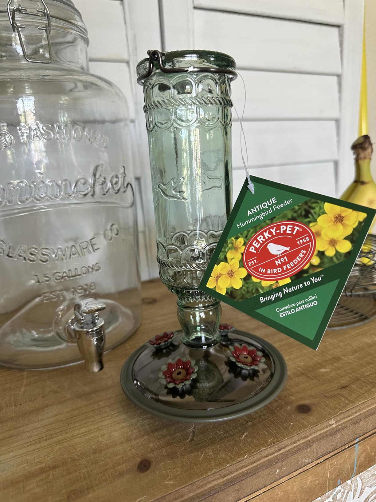 Perky-Pet Antique Glass Bottle Hummingbird Feeder, 10 oz Capacity, Green | 4 Feeding Ports for Outdoors Hanging Bird Feeders, Backyard Garden Decor customer photo 1