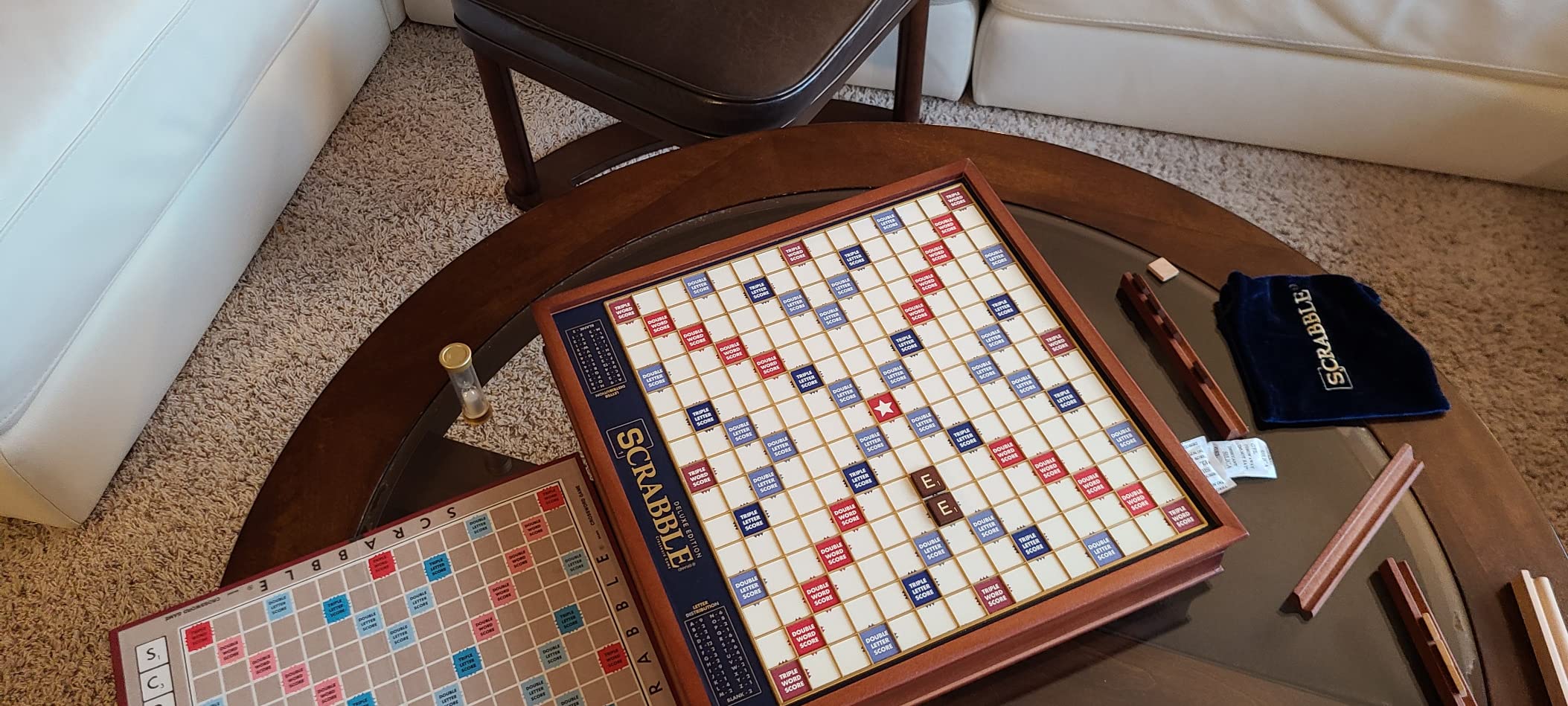 WS Game Company Scrabble Deluxe Edition Rotating Wooden Cabinet Board Game, Classic Word Game, Rotating Turntable, Raised Tile Grid, Built-in Storage, Wood Tiles, 2-4 Players, Adults and Kids 8 and Up customer photo 1