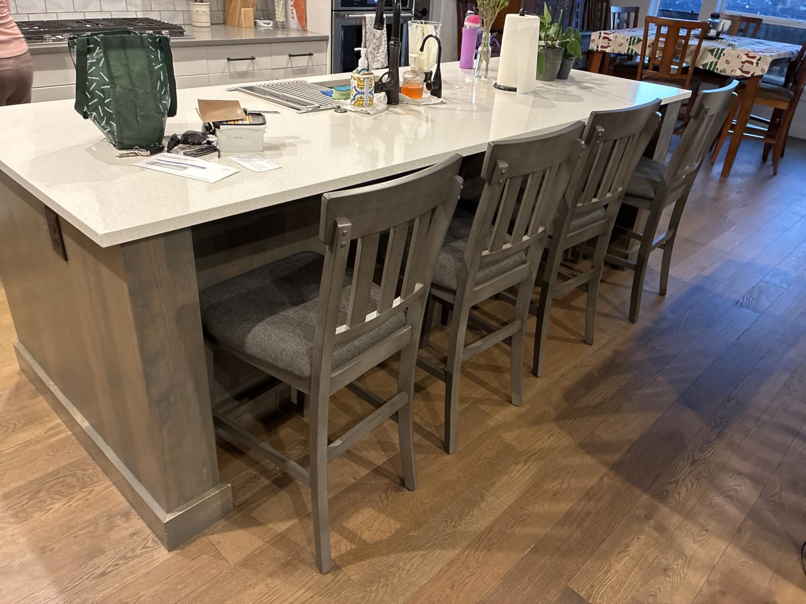Signature Design by Ashley Haddigan Counter Height Bar Stool, Set of 2 | Easy-clean faux leather cushioned seat, Casual farmhouse wood slat back design, 25.6-inch seat height for kitchen islands customer photo 2