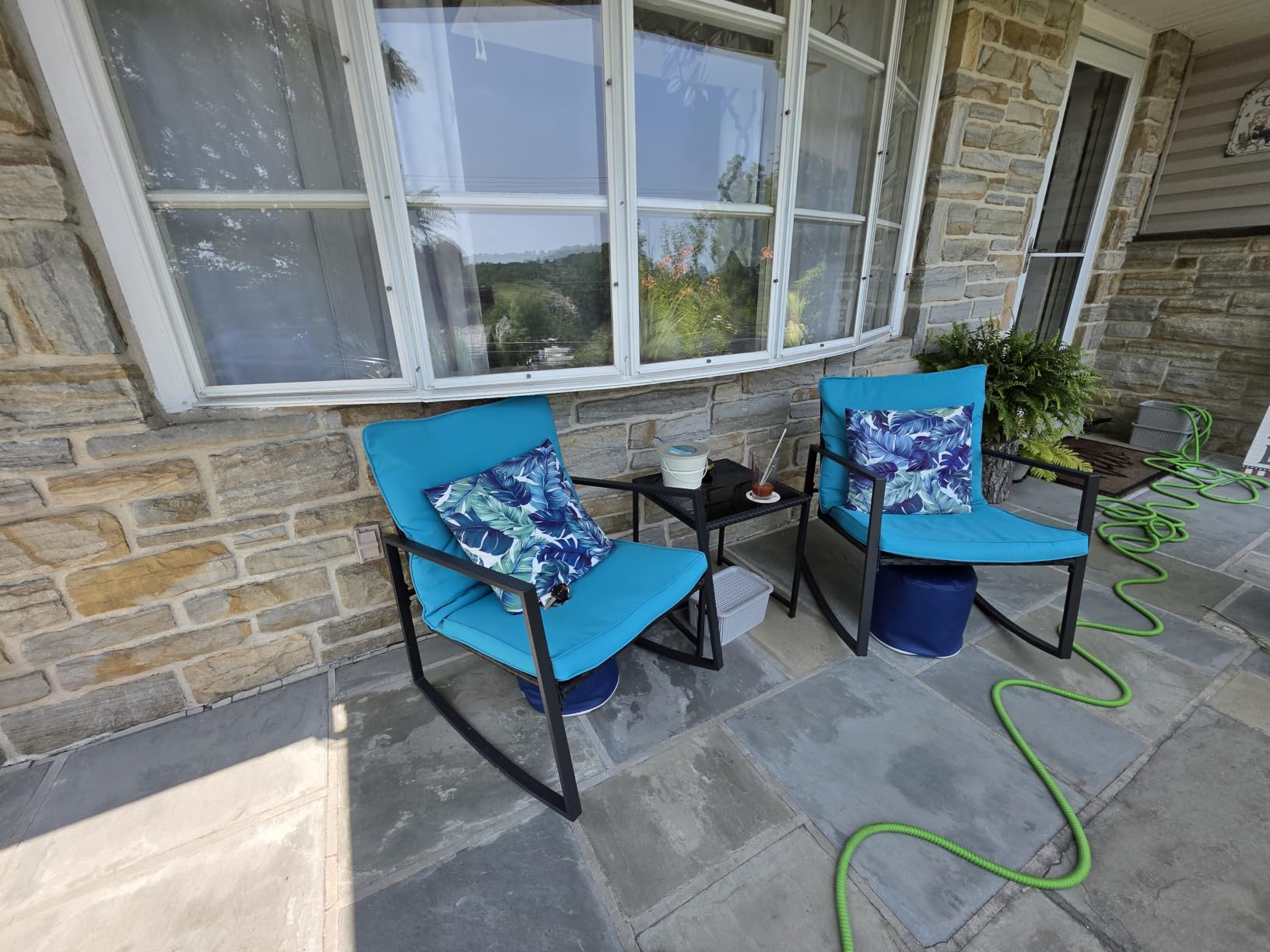 SUNCROWN 3 Piece Outdoor Rocking Bistro Set Black Wicker Furniture Porch Chairs Conversation Sets with Glass Coffee Table, Beige customer photo 2