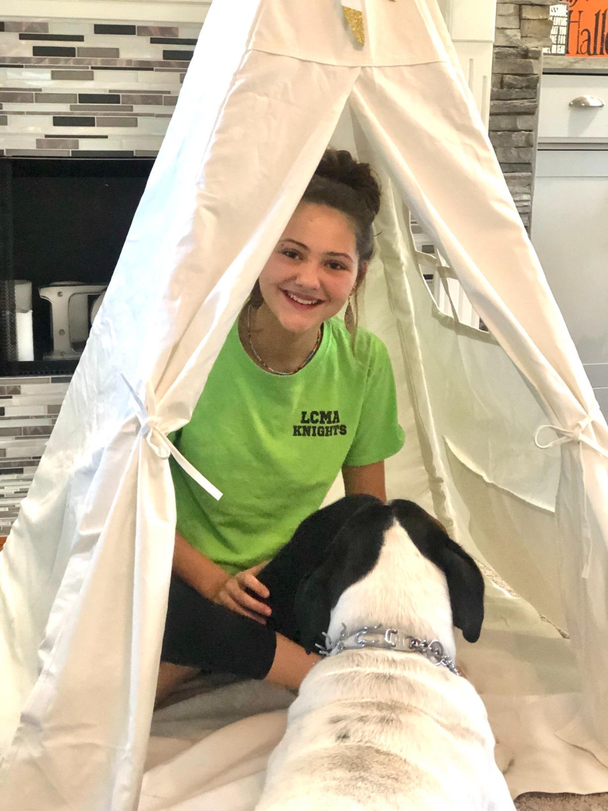 little dove Teepee Tent for Kids Foldable Teepee Play Tent with Carry Case, Banner, Fairy Lights, Olives Branches, Four Poles Style Raw White Color - New Version Tiny House customer photo 1