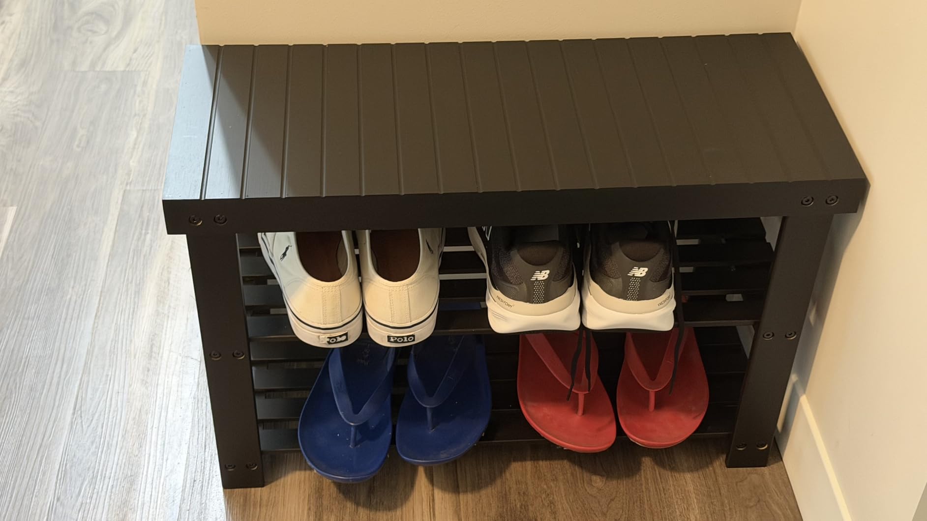 SONGMICS Shoe Rack Bench, 3-Tier Bamboo Shoe Storage Organizer, Entryway Bench, Holds Up to 286 lb, 11.3 x 27.6 x 17.8 Inches, for Entryway Bathroom Bedroom, Ink Black ULBS04H customer photo 2