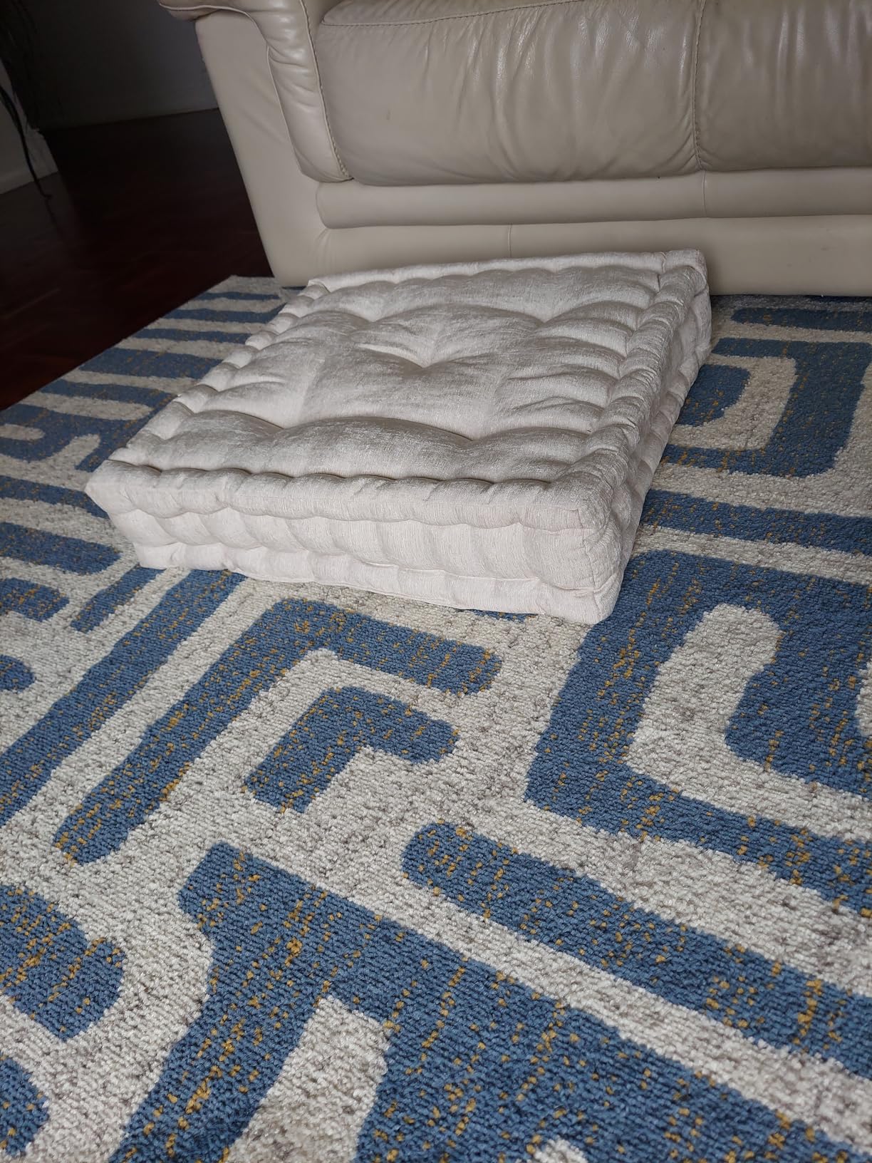 Intelligent Design Floor Pillow, Large Cushion for Meditation, 20x20 Ivory | Square Floor Seating for Adults, Board Games or Yoga, Lustrous Chenille Tufted Cover, Handsewn Scalloped Edge customer photo 2