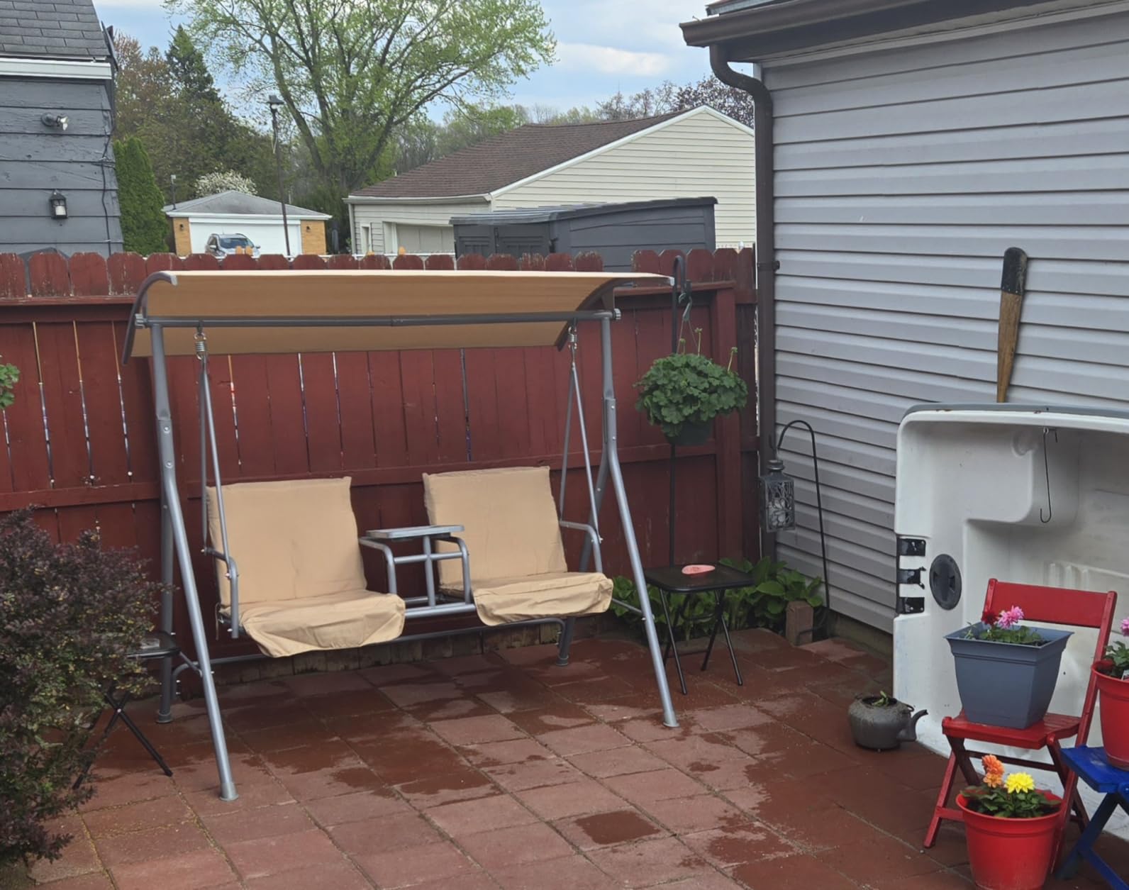 Outsunny 2 Person Porch Swing with Stand, Outdoor Swing with Canopy, Pivot Storage Table, 2 Cup Holders, Cushions for Patio, Backyard, Gray customer photo 1