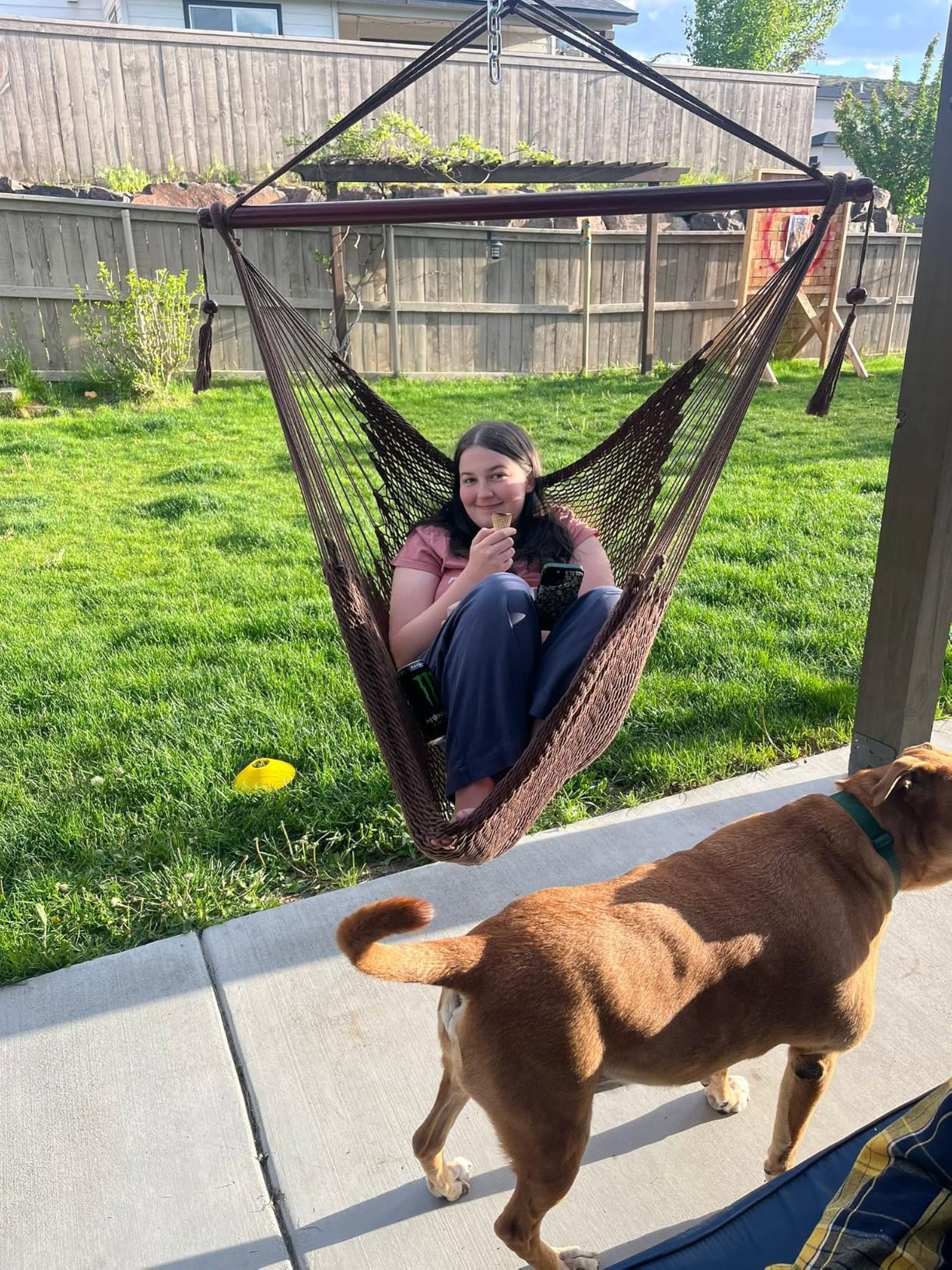 Caribbean Hammock Swing Chair with Spreader Bar, Large Hammock Chair, Hand Craft Rope Hanging Chair Outdoor, Indoor, Bedroom, 330 LBS Weight Capacity, Dark Brown customer photo 2
