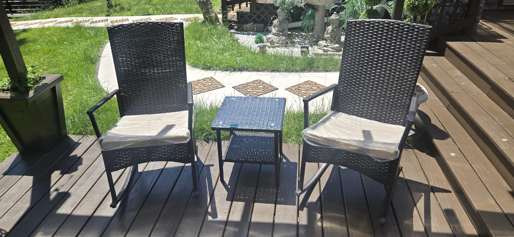 Outdoor HDPE Wicker Rocking Chair 3-Piece Patio Rattan Bistro Set 2 Rocker Armchair and Glass Coffee Side Table Furniture Washable Lacing Cushions, Khaki customer photo 1