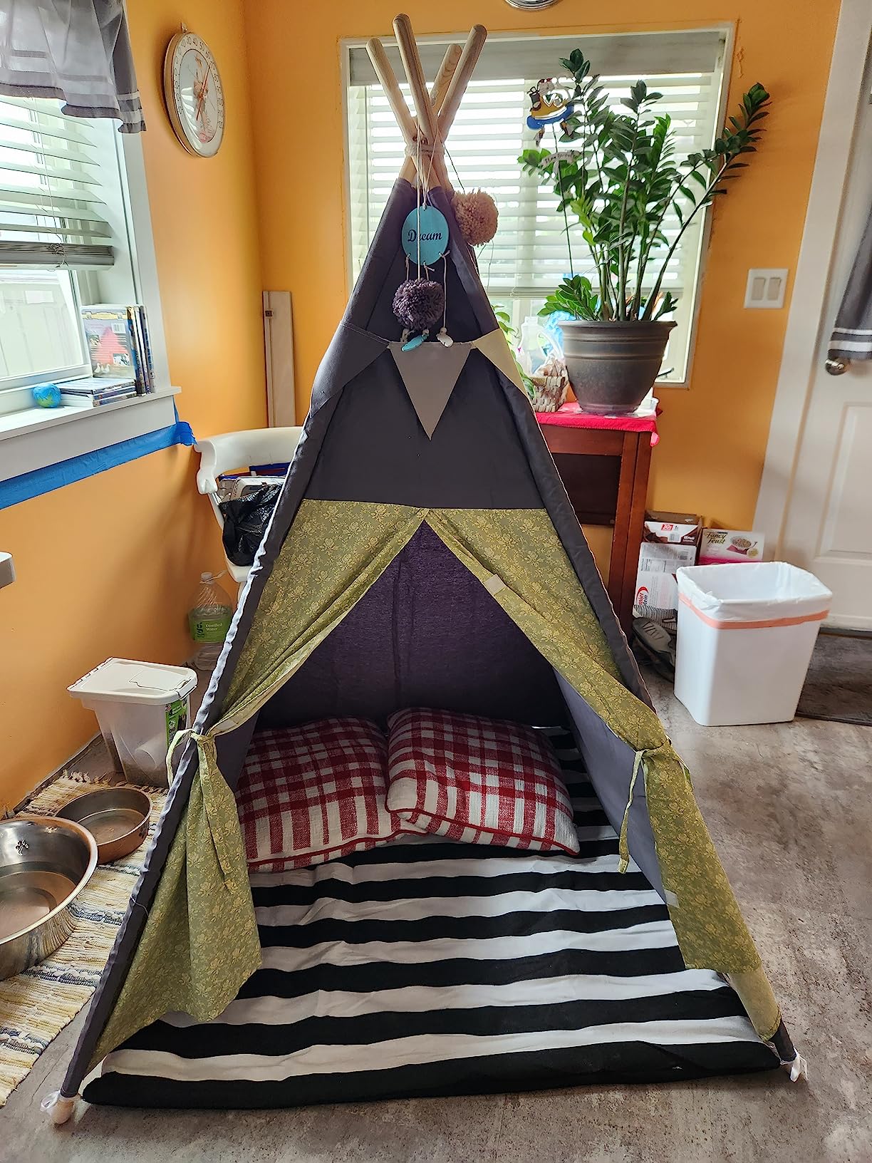 Teepee Tent for Kids Stripe Padded Mat Foldable Dark Tone Grey Play Tents for Girl and Boy with Carry Case Wooden Pole Printing Canvas Tepee Playhouse for Child Indoor Outdoor customer photo 1