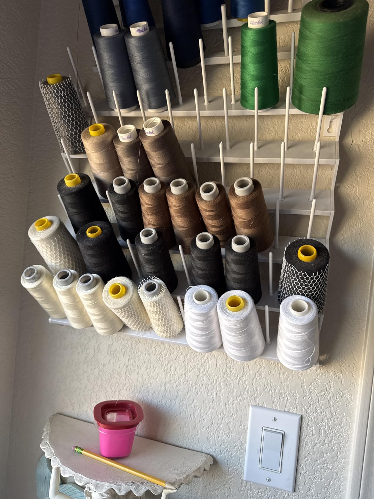 Sew Tech Thread Rack for 60 Spools or 30 Cones, Wall Mounted Large Thread Holder with Long Pegs, Bright White Plastic Thread Stand for Embroidery Serger Sewing Thread Storage and Hair Braiding customer photo 2